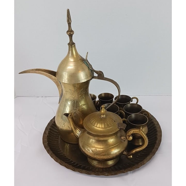 VTG 9 Pc Brass Tea Set Saudi Arabia Etched Decorative Made in India Pre-Owned