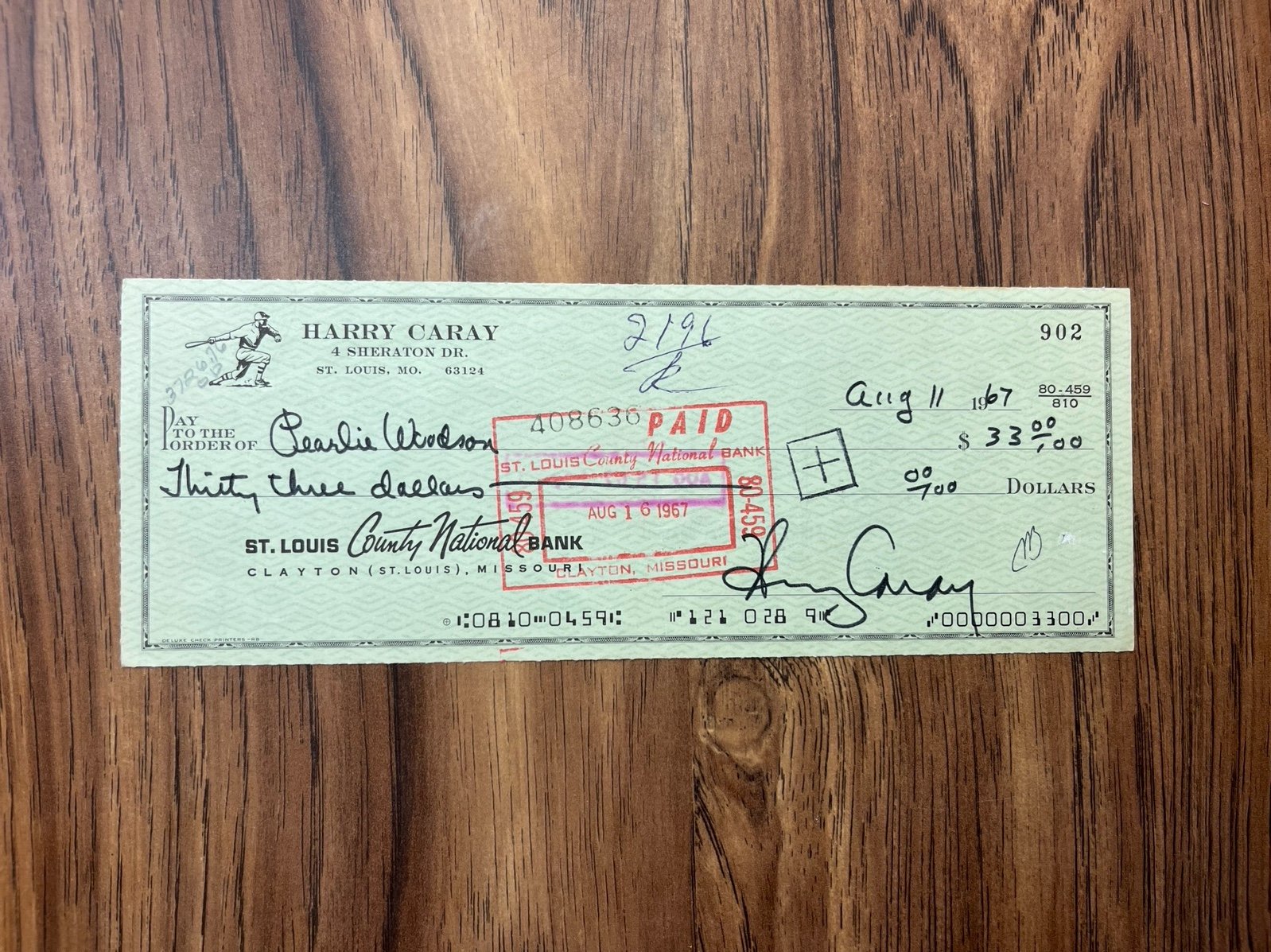 Harry Caray Signed Personal Check Chicago Cubs