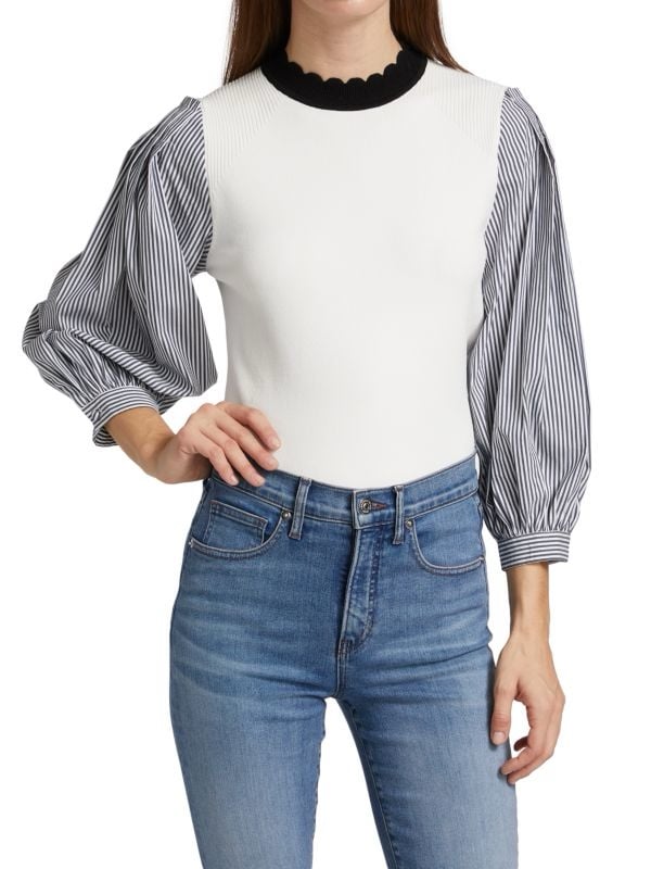 Veronica Beard Roy Mixed Media Sweater Top Med White Black Stripe Puff Sleeves