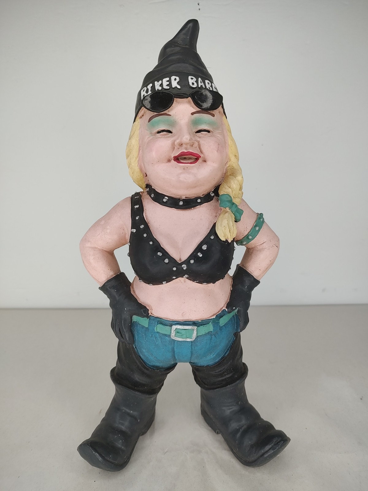 Vtg Biker Babe Garden Gnome 12in Collections Etc. With Motorcycle Leather Gear.