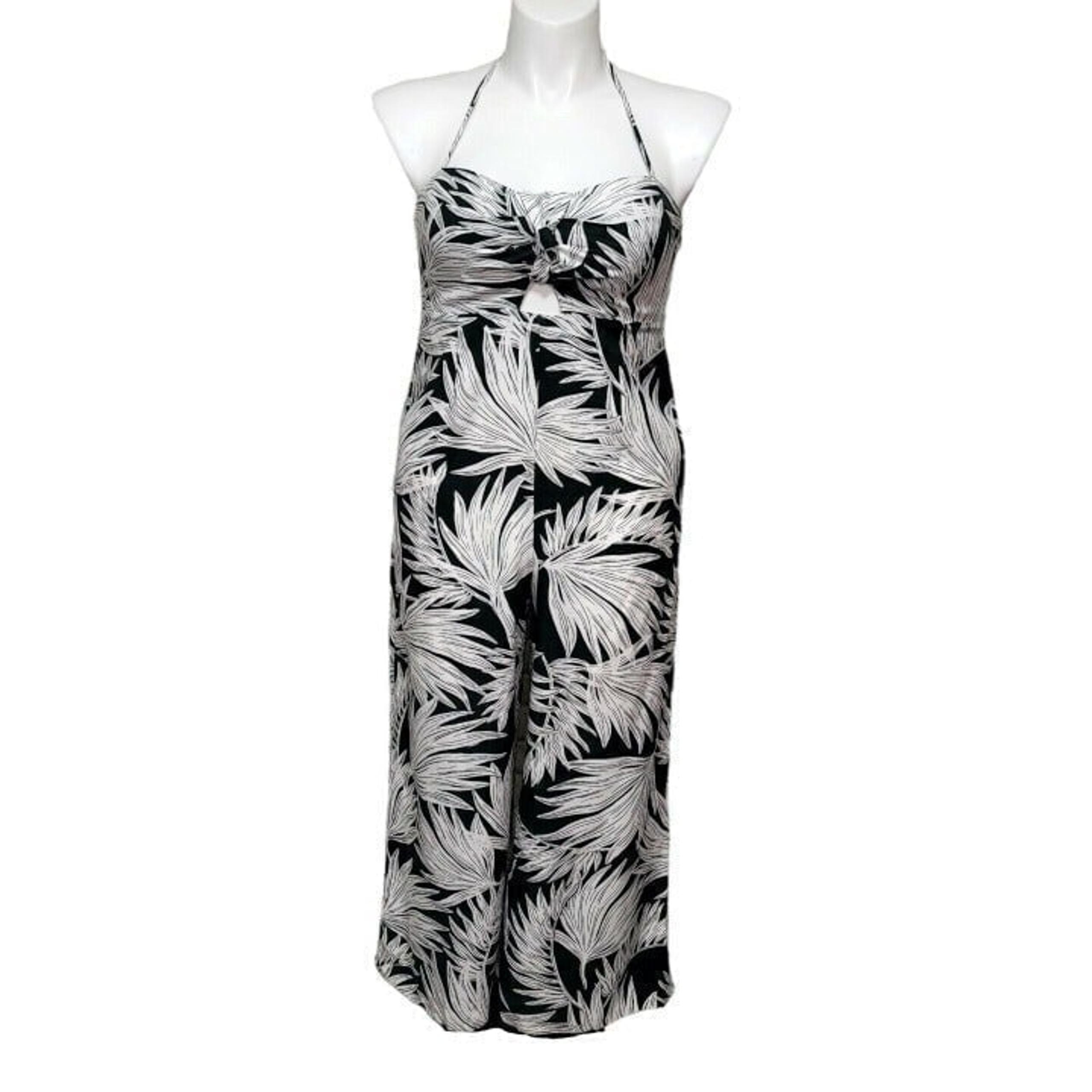 1.STATE Womens 8 Green Tropical Foliage Halter Smocked Back Jumpsuit Wide Leg