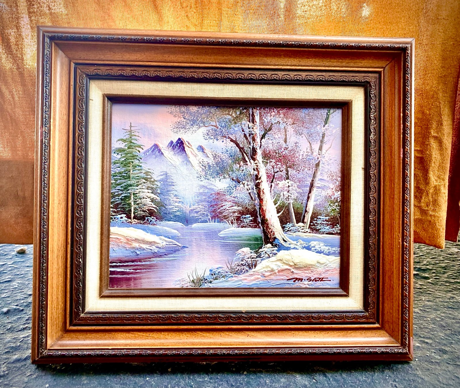 M Scott - Winter Landscape, original oil painting, wood framed