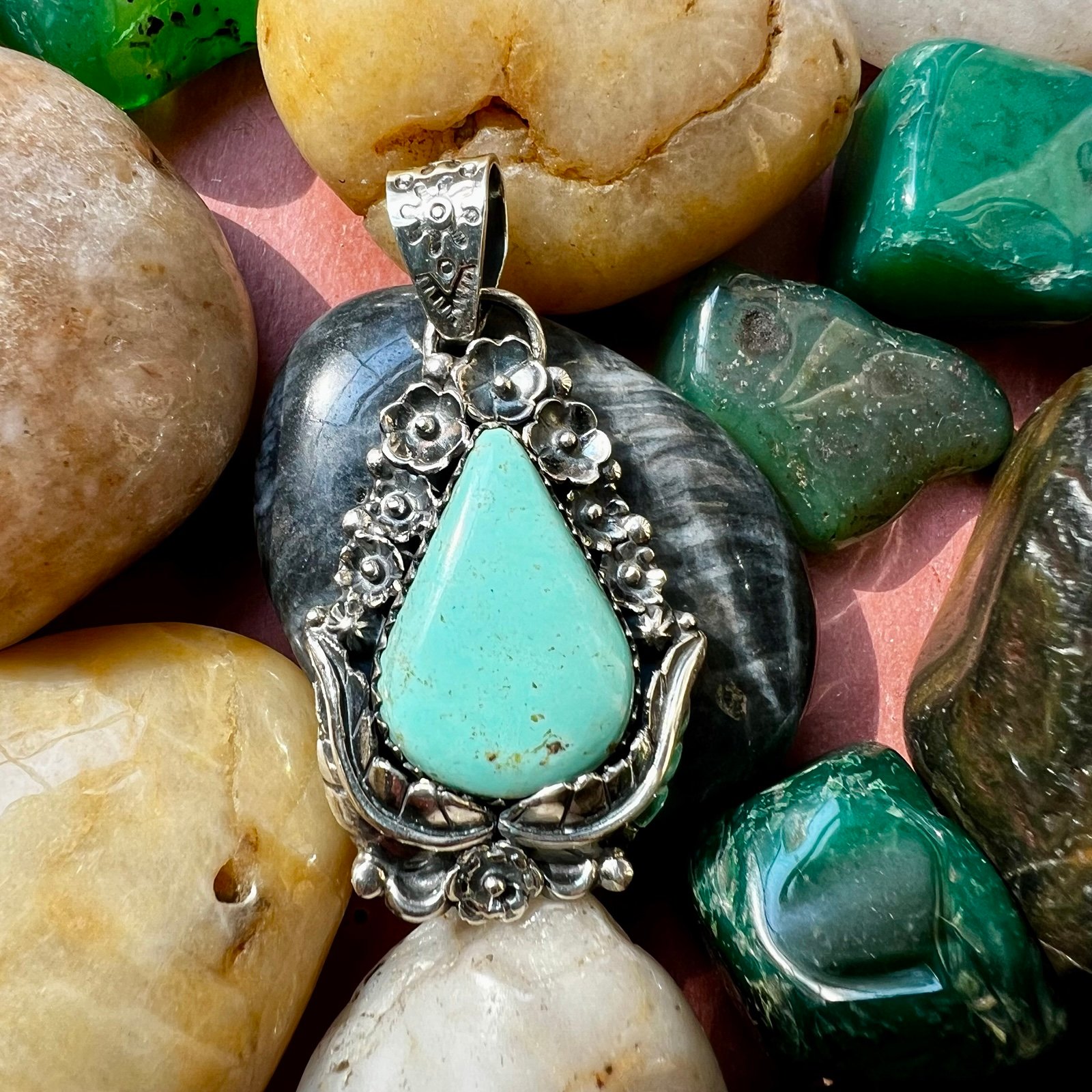 Sterling Silver & Kingman Turquoise Pendant With Floral & Leaf Design