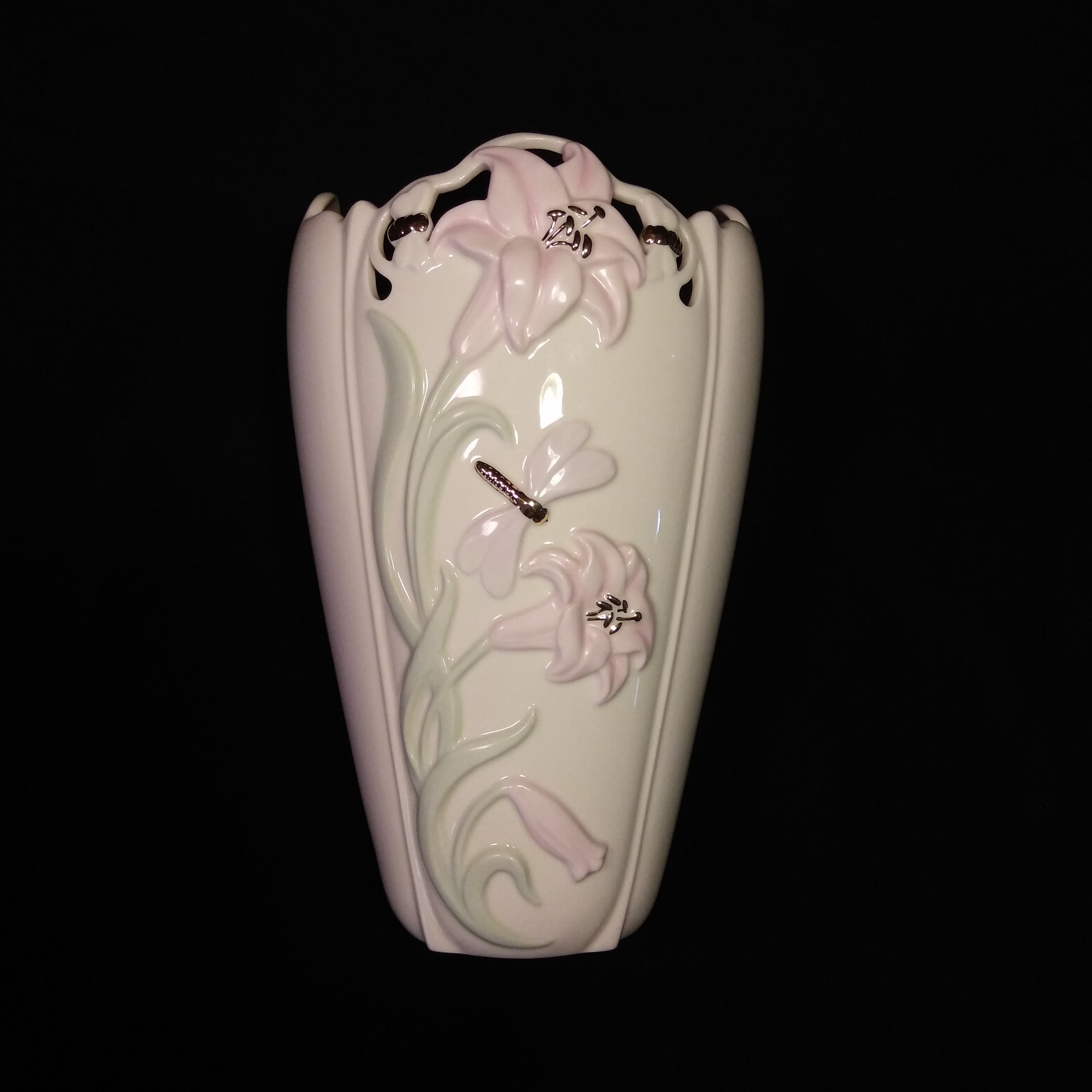 Vintage Lenox Vase in Lily Dragonfly Cream w Pink n Gold 24k w Certificate