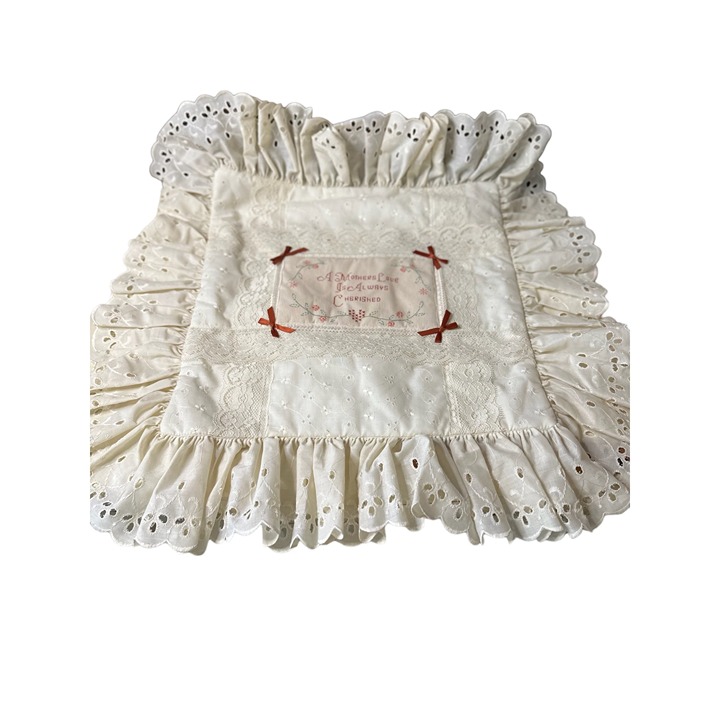 Vintage Needle point Pillow with eyelet lace ruffle Mothers love is always cher