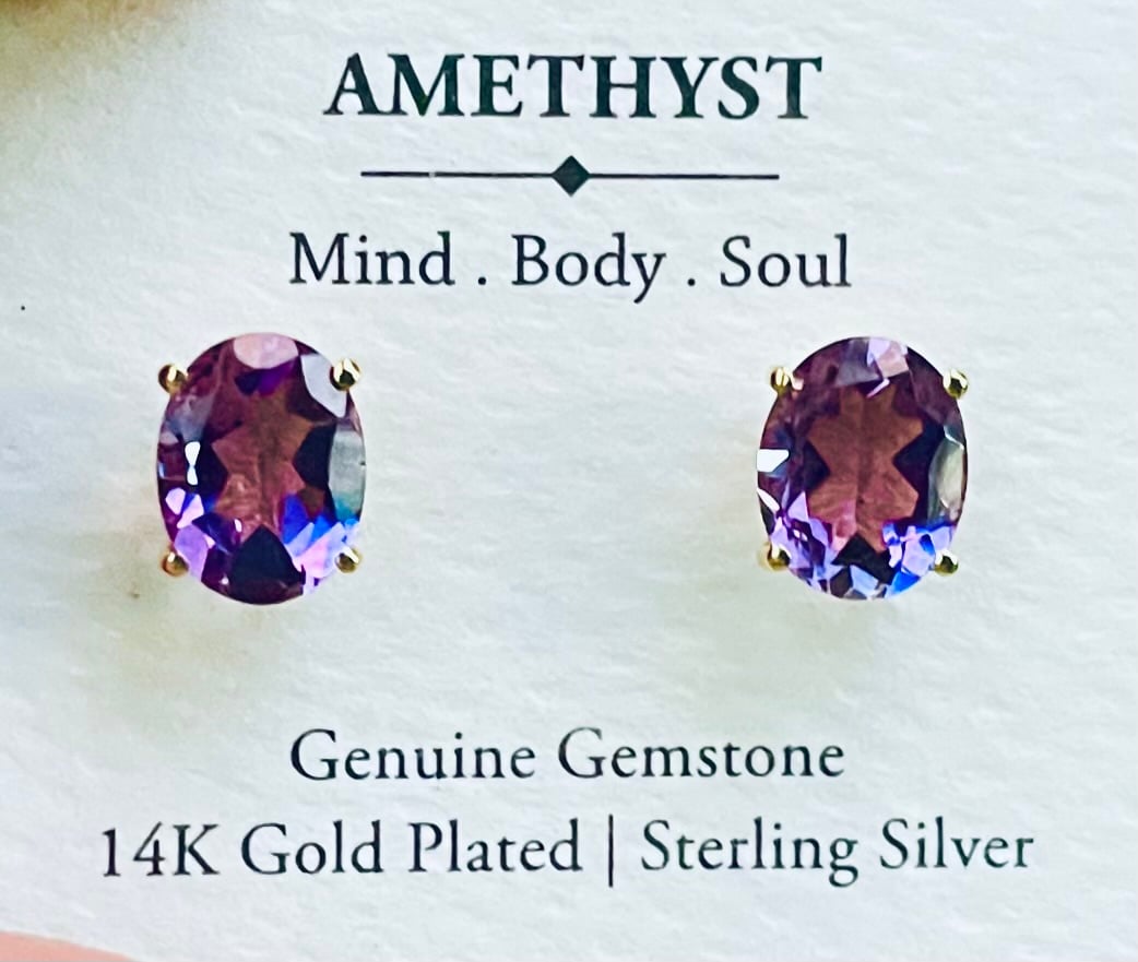 ***GENUINE AMETHYST STUD OVAL EARRINGS IN GOLD OVER SOLID STERLING SILVER***