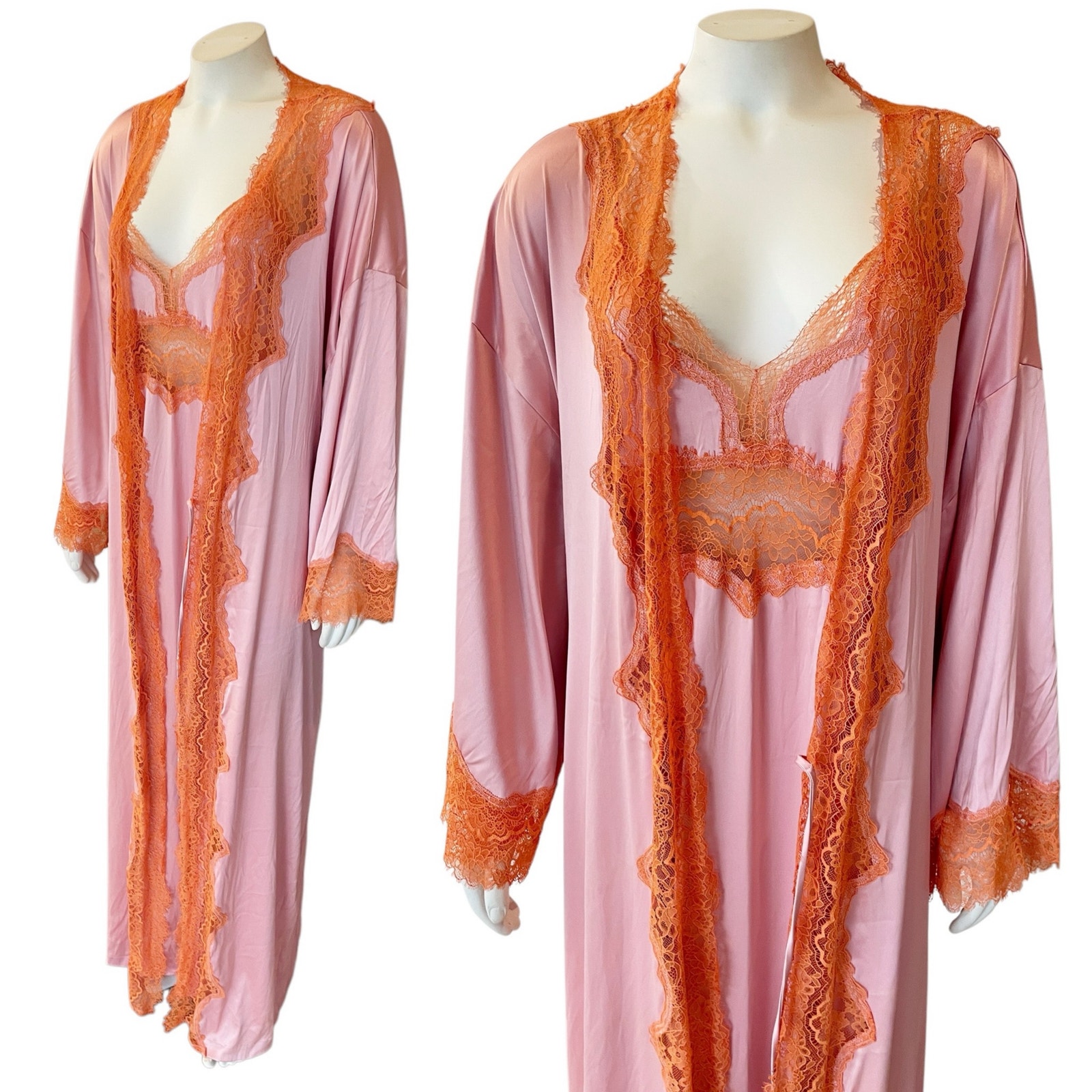 Victoria’s Secret Pink and Orange Lace Long Robe and Slip Set Large/XL