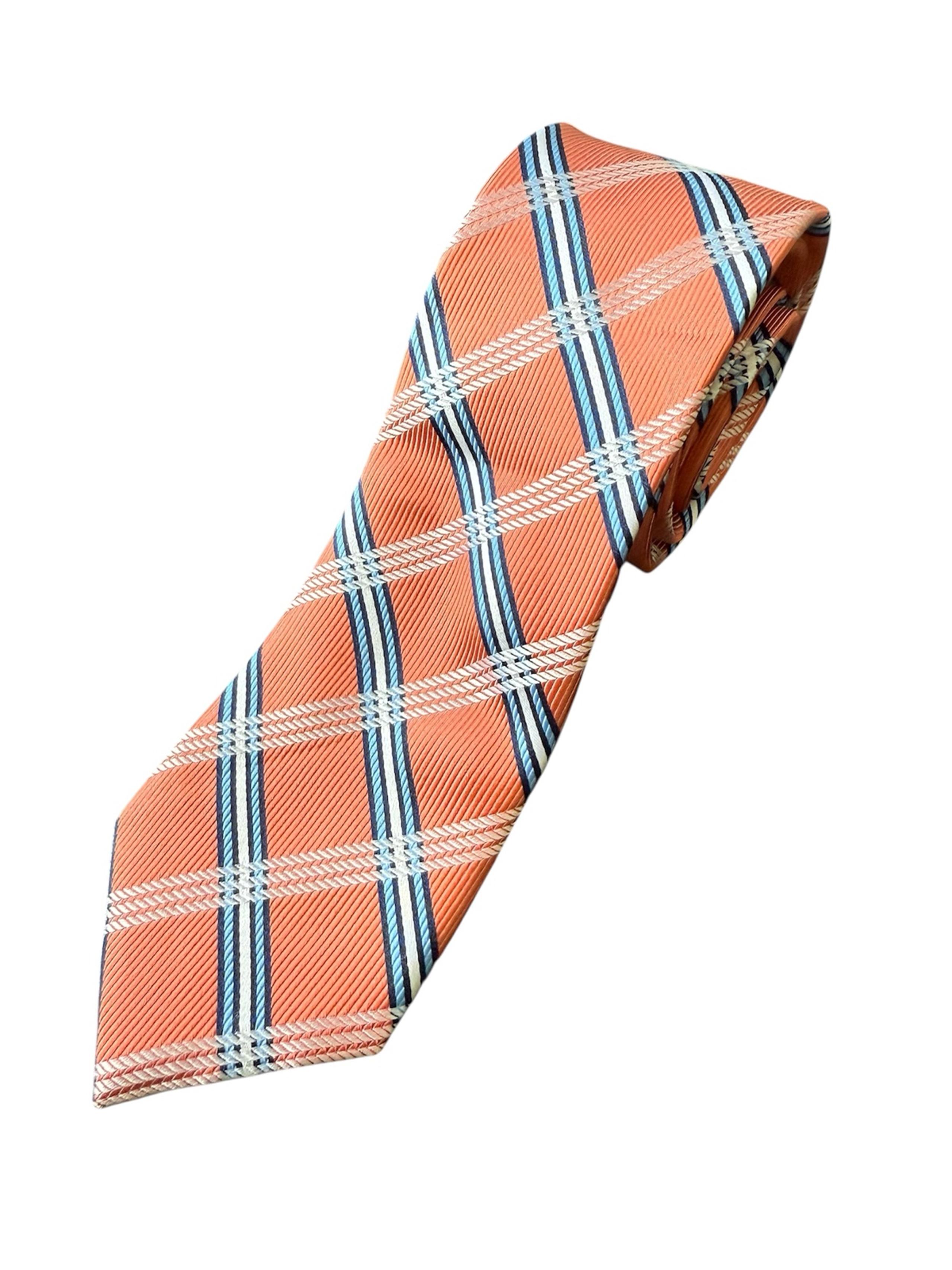 Nautica Men’s Orange Blue white Plaid Striped Tie 100% Silk Approx 60 Inches Y2K