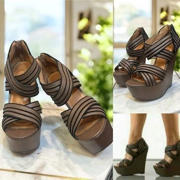 L.A.M.B. Y2K 90s Bernadette Leather Sandals Wedges Heels Size 7.5