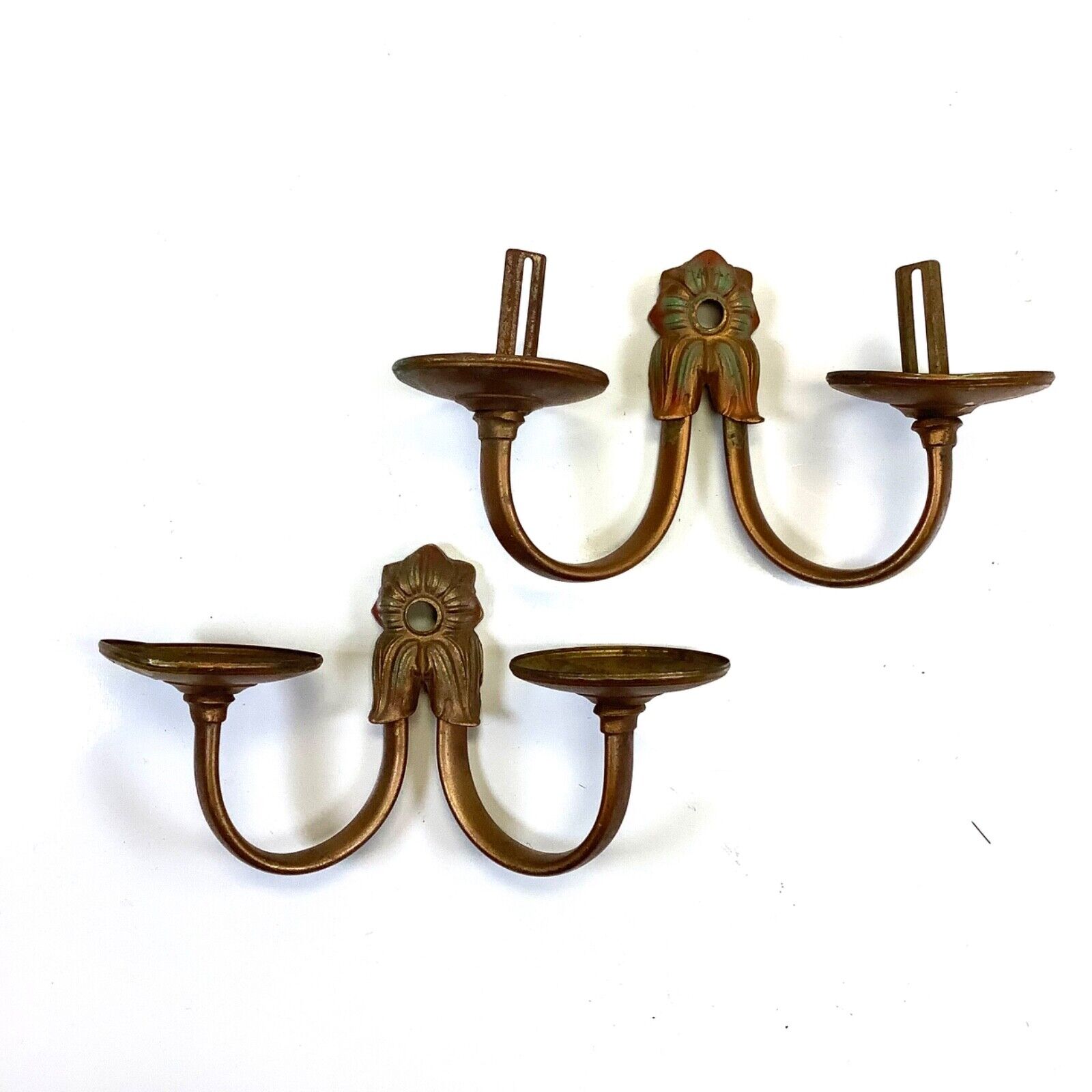 Vintage Pair Art Deco Brass Wall Sconces Two Arm Candle Holders Lighting Antique