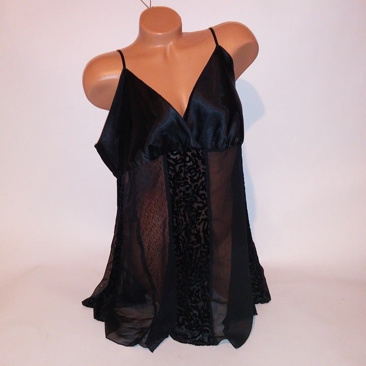 Cacique Lingerie Babydoll 18 20 Black Leopard Lace Sheer Preowned *Bundle to Sa