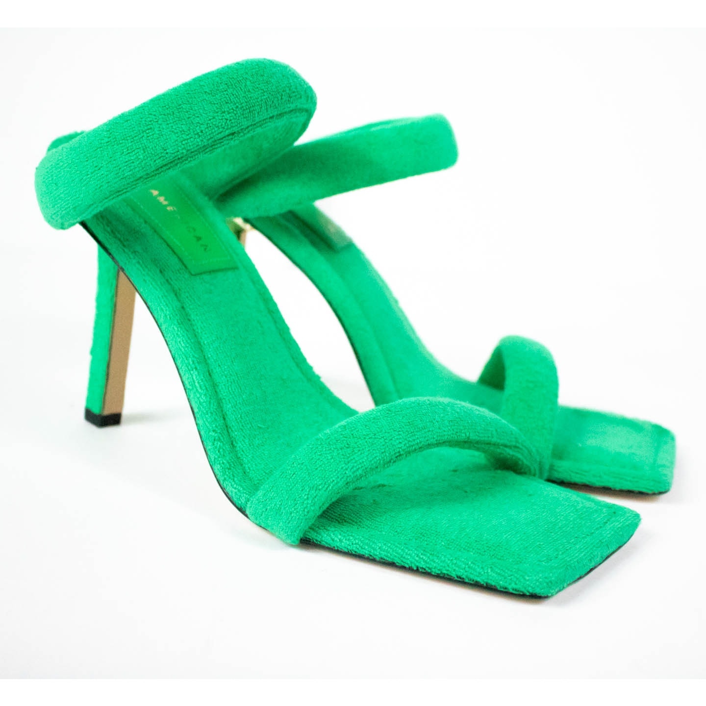 Good American Womens Green Terry Strappy High Heels Size 10.5 Square Toe Sandals