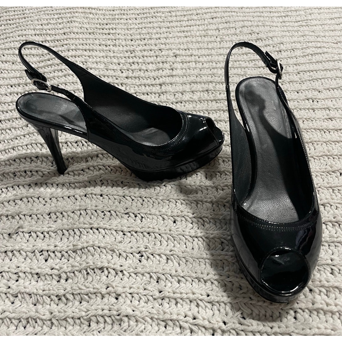 Stuart Weitzman Slingback Patent Leather Heels Peep Toe Sz 7.5 Spain Made Black