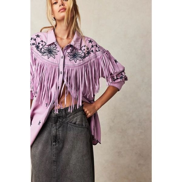 New Free People Great Plains Fringe Denim Top Size Large