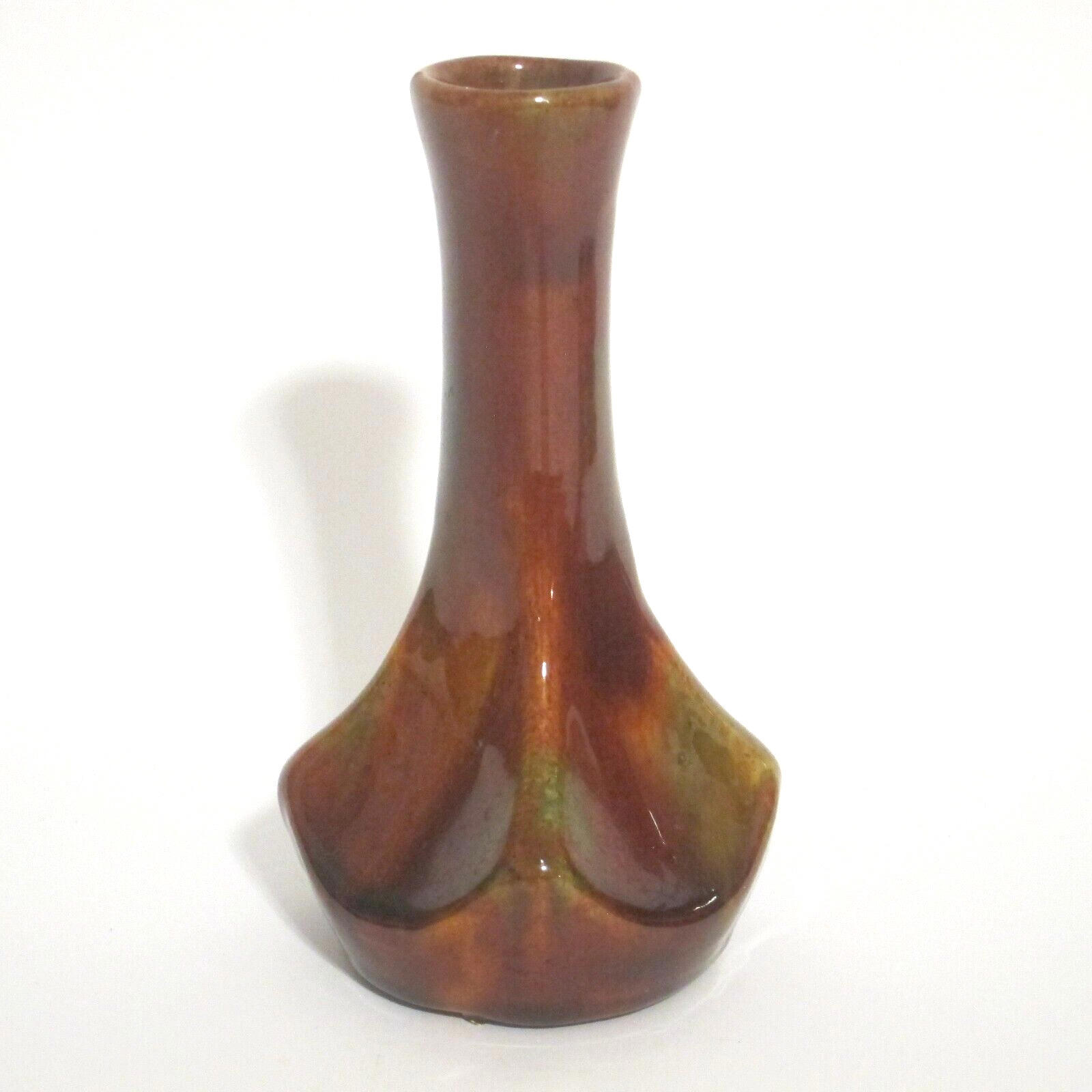 Antique Art Pottery Bud Vase 5.5 Tall Mottled Brown Glaze Green Rockingham Ohio