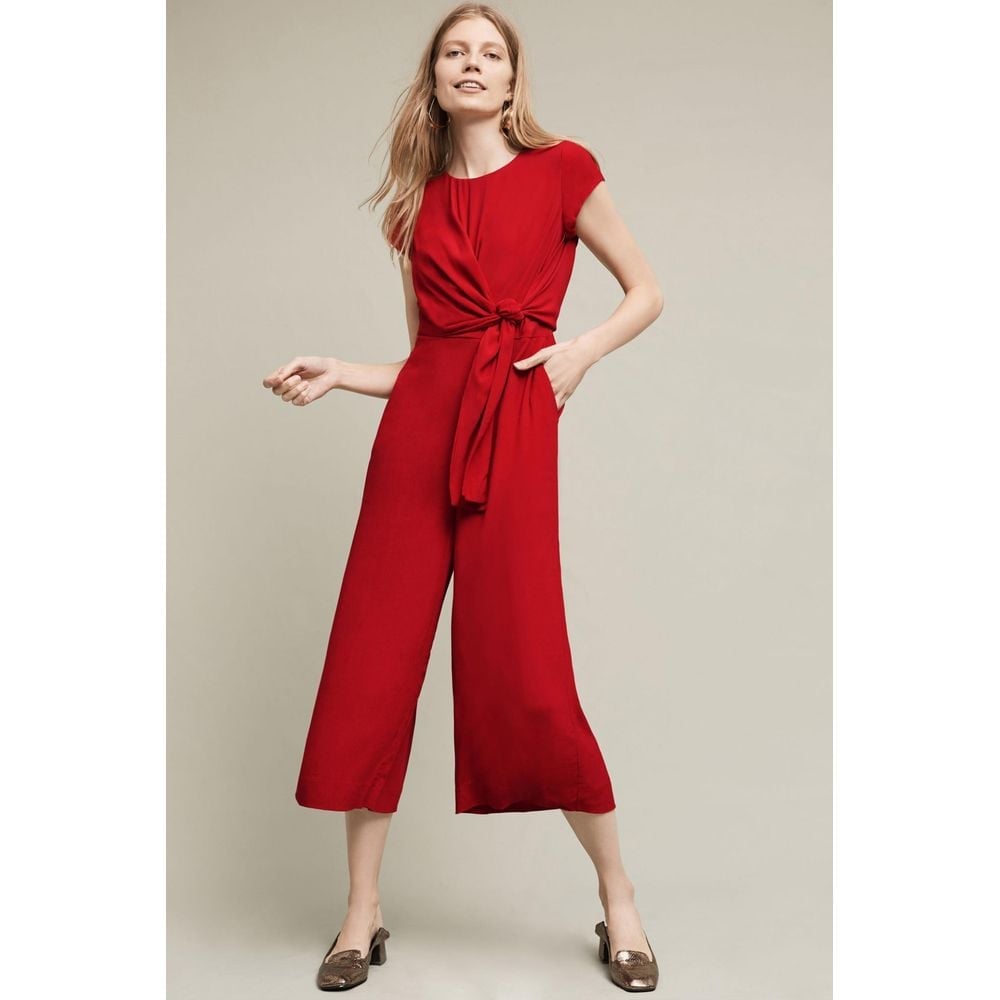 Anthropologie Maeve Grier Midi Jumpsuit Womens 6 Red Wide Leg Twist Tie Front