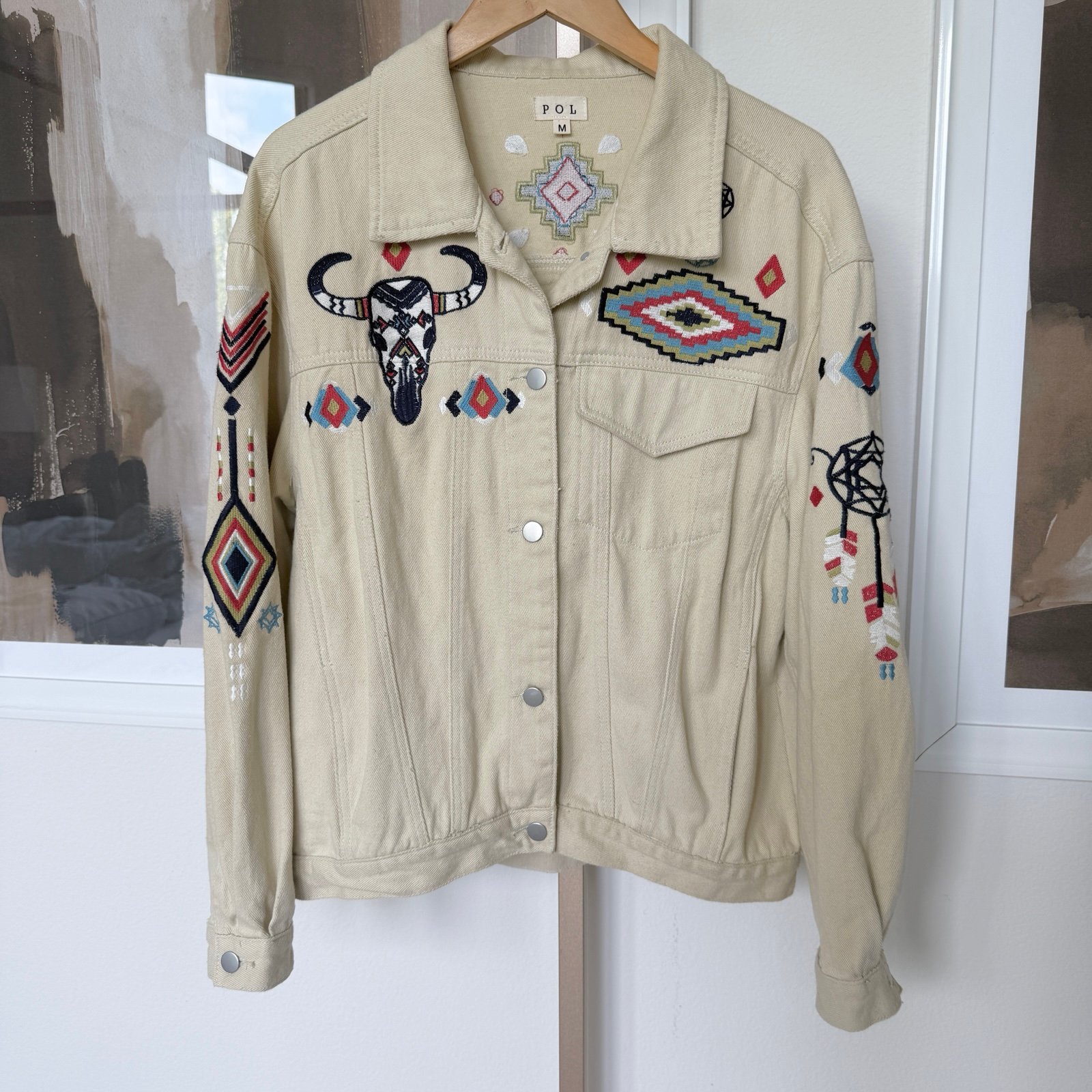 POL Women’s Beige Denim Jacket M Embroidered Western Aztec Boho Style Casual