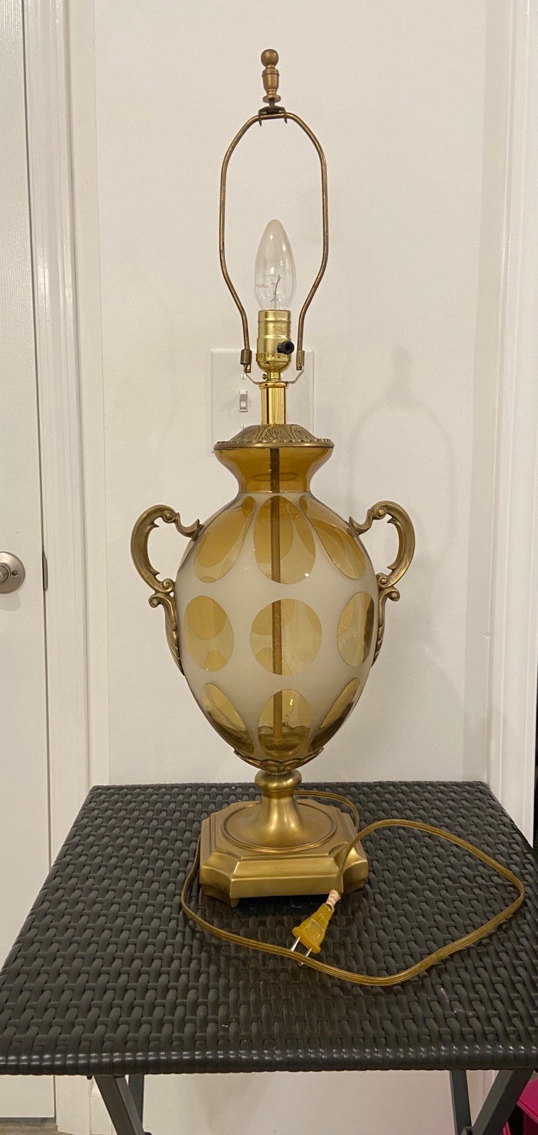 Stunning Mid-Century Brass Etched Glass Coin Dot Lamp 31” USA Made