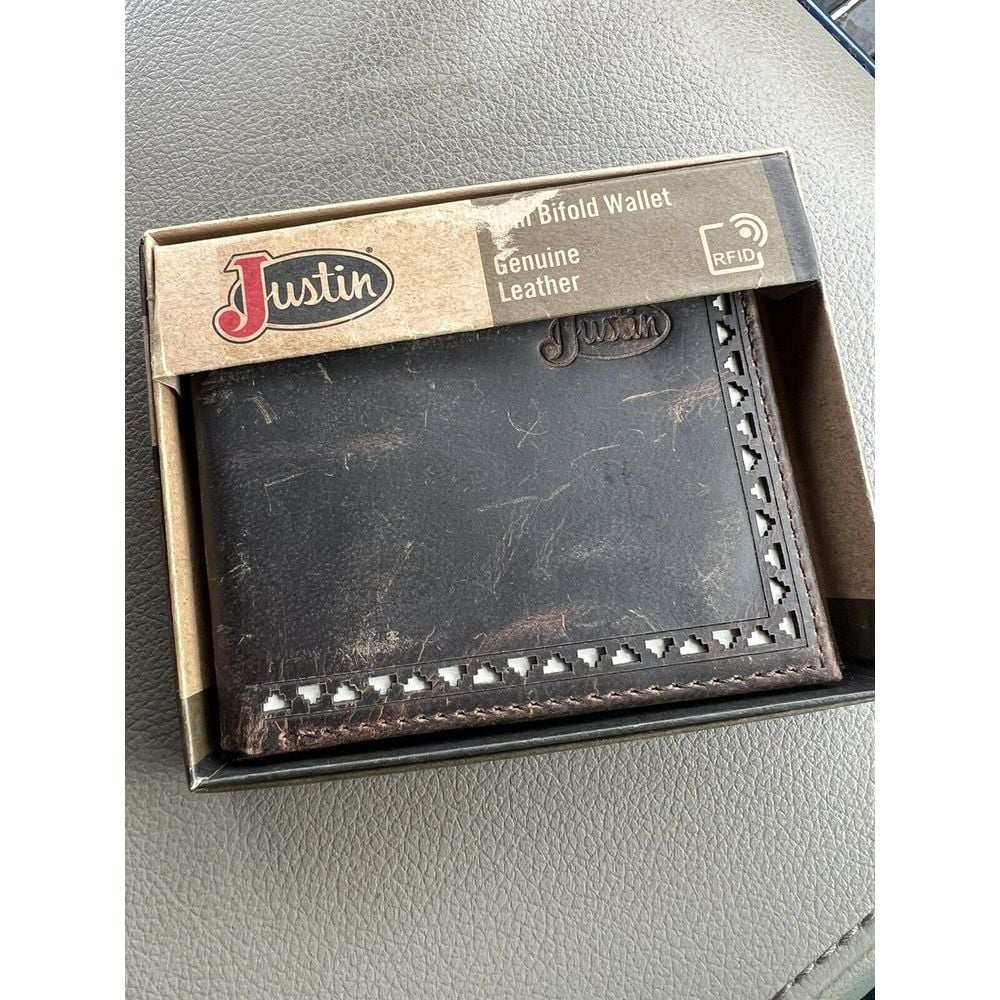 Justin Inlay Cut Cream Bifold Wallet New In Box