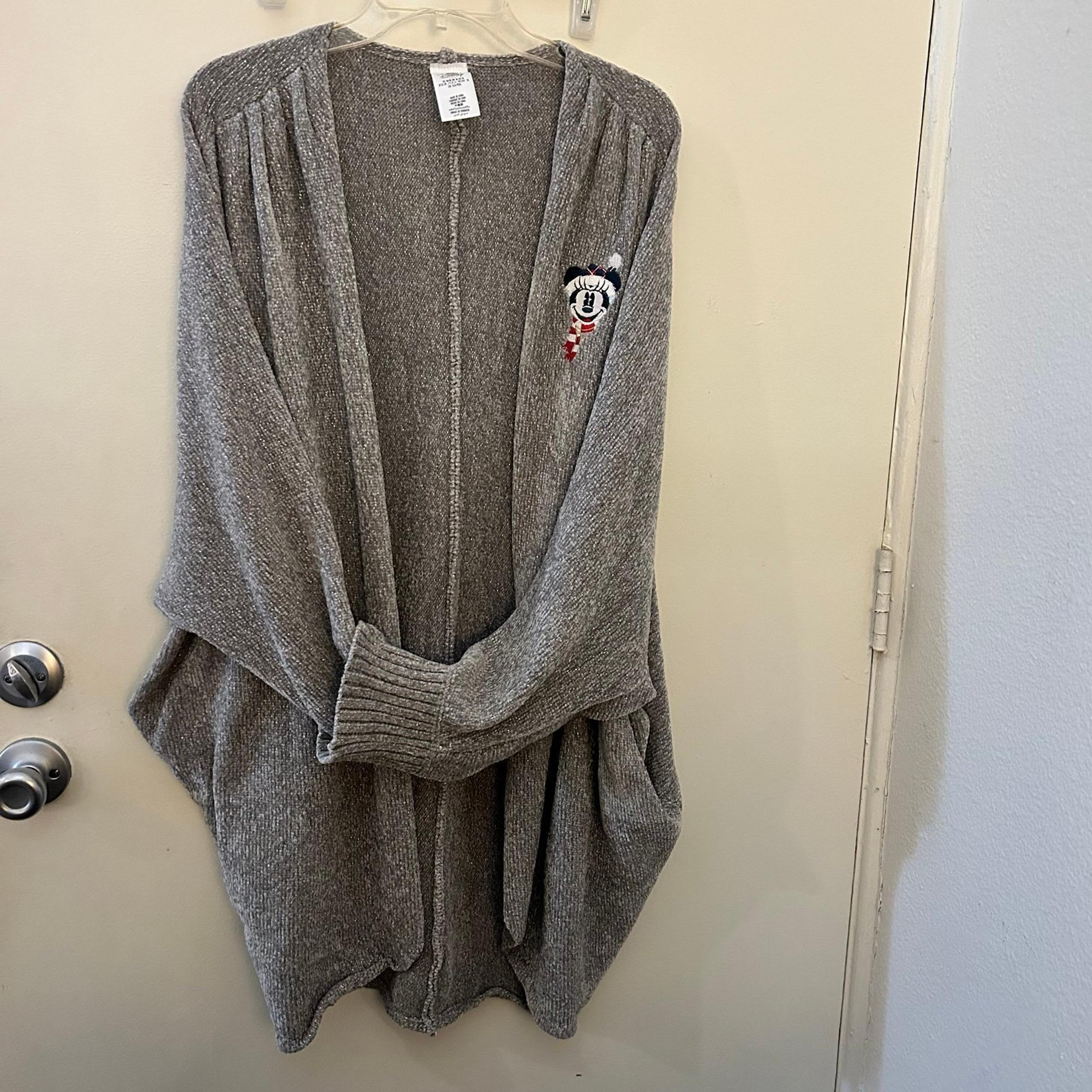 NWOT Disney Minnie Mouse Women Holiday Metallic Knit Gray Cardigan Sweater M