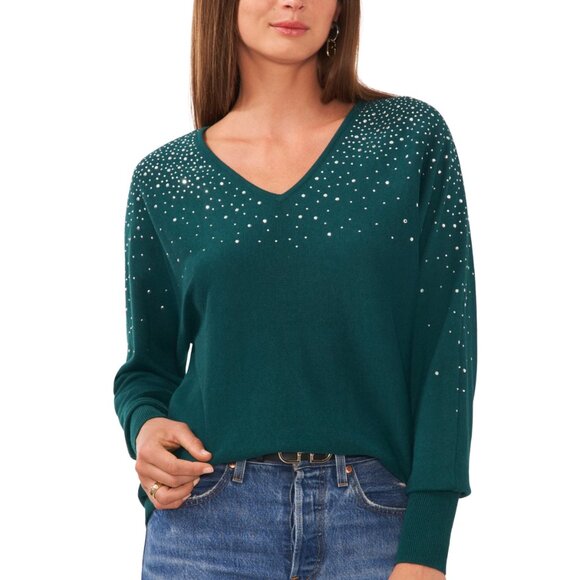Sam Jess Embellished Knit Long Sleeve V-Neck Sweater MEDIUM green