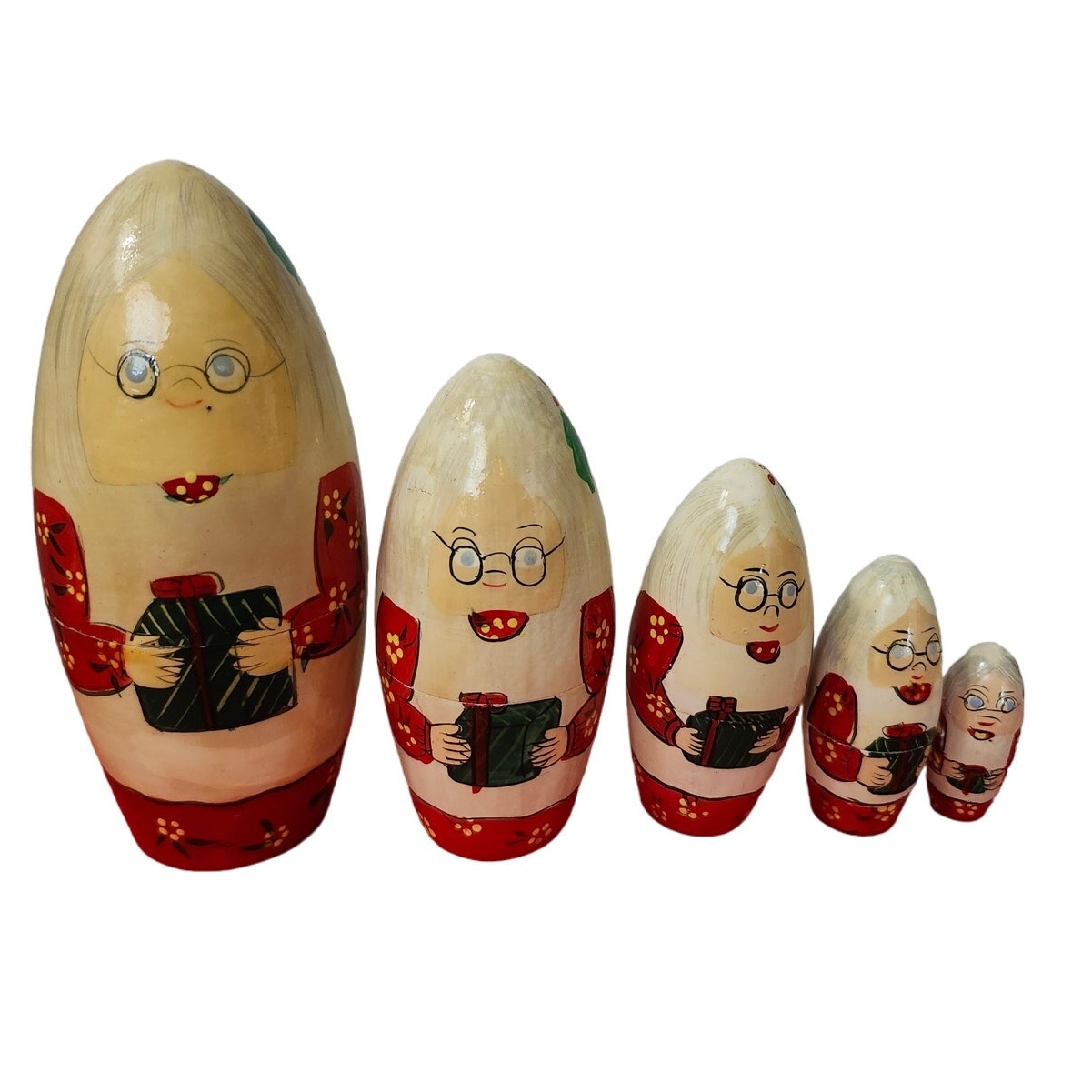Vintage Set 5 Russian Nesting Dolls Mrs Claus Christmas Cone Style Present