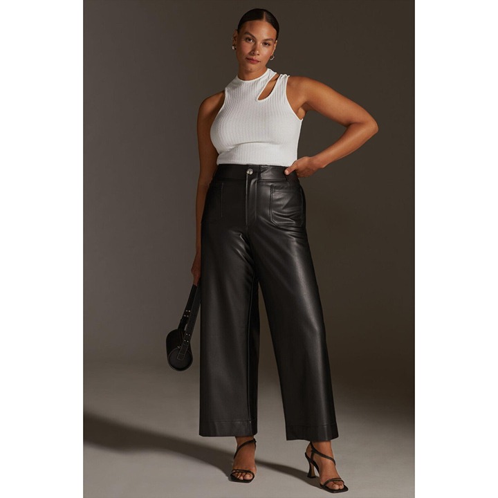 NWT Anthropologie Colette Cropped Wide-Leg Faux Leather Pants 26W Black