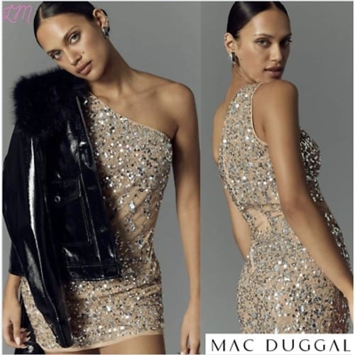 Mac Duggal 10977 One Shoulder Sheer Hand Beaded Mini Dress Size 6 Nude Silver