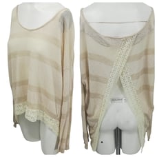 Free People Split Back Lace Scoop Neck Striped Sheer Shirt Sweater Size S Beige