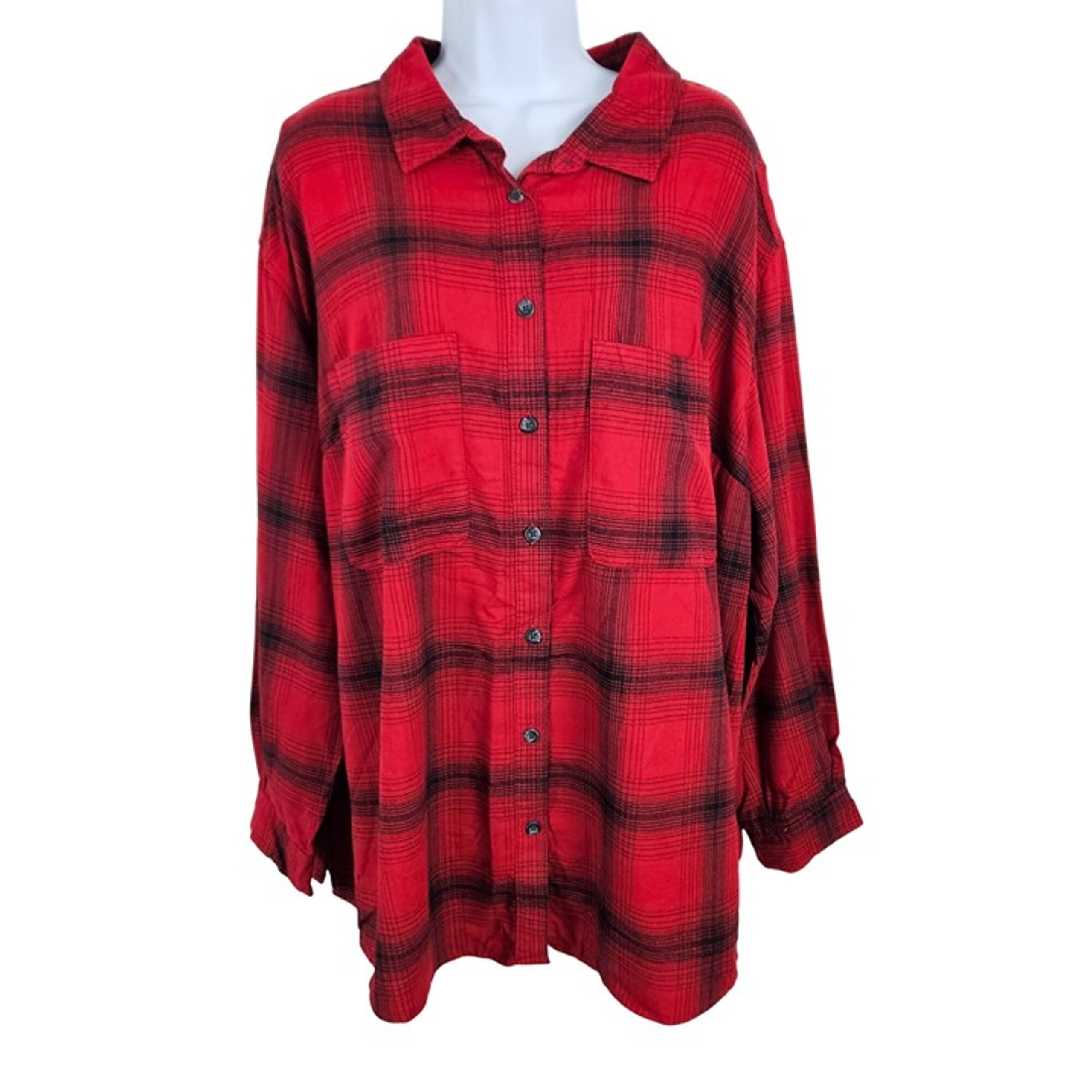 Ava & Viv Womens Red & Black Plaid Button-Down Shirt Size 2X Chest Pockets Cozy