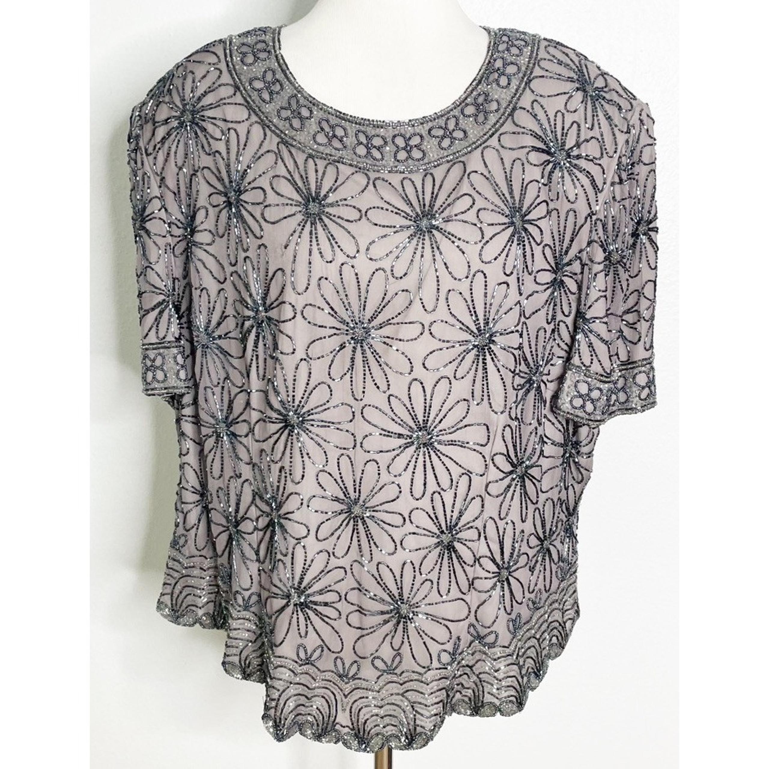 Vintage Evening Silk Gray Sequin Beaded Blouse Top Size 3X - Papell Boutique