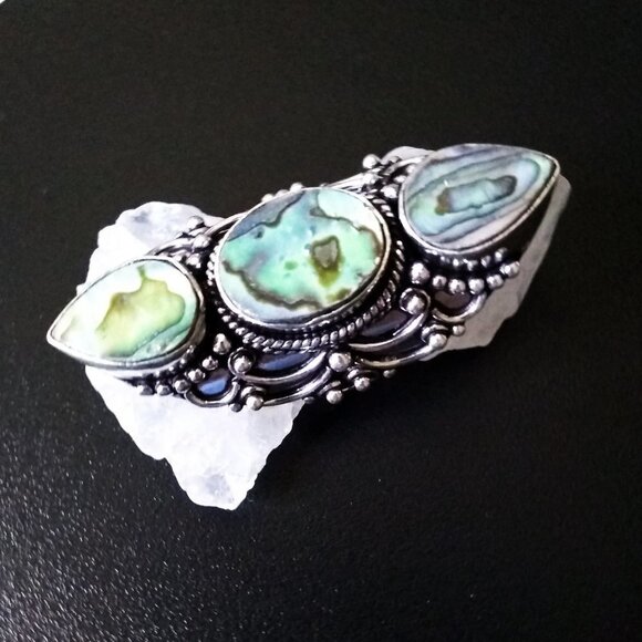 Siren Call! Blue Green Abalone Shield Ring Sz 8 - Big Gorgeous Colors + OOAK!