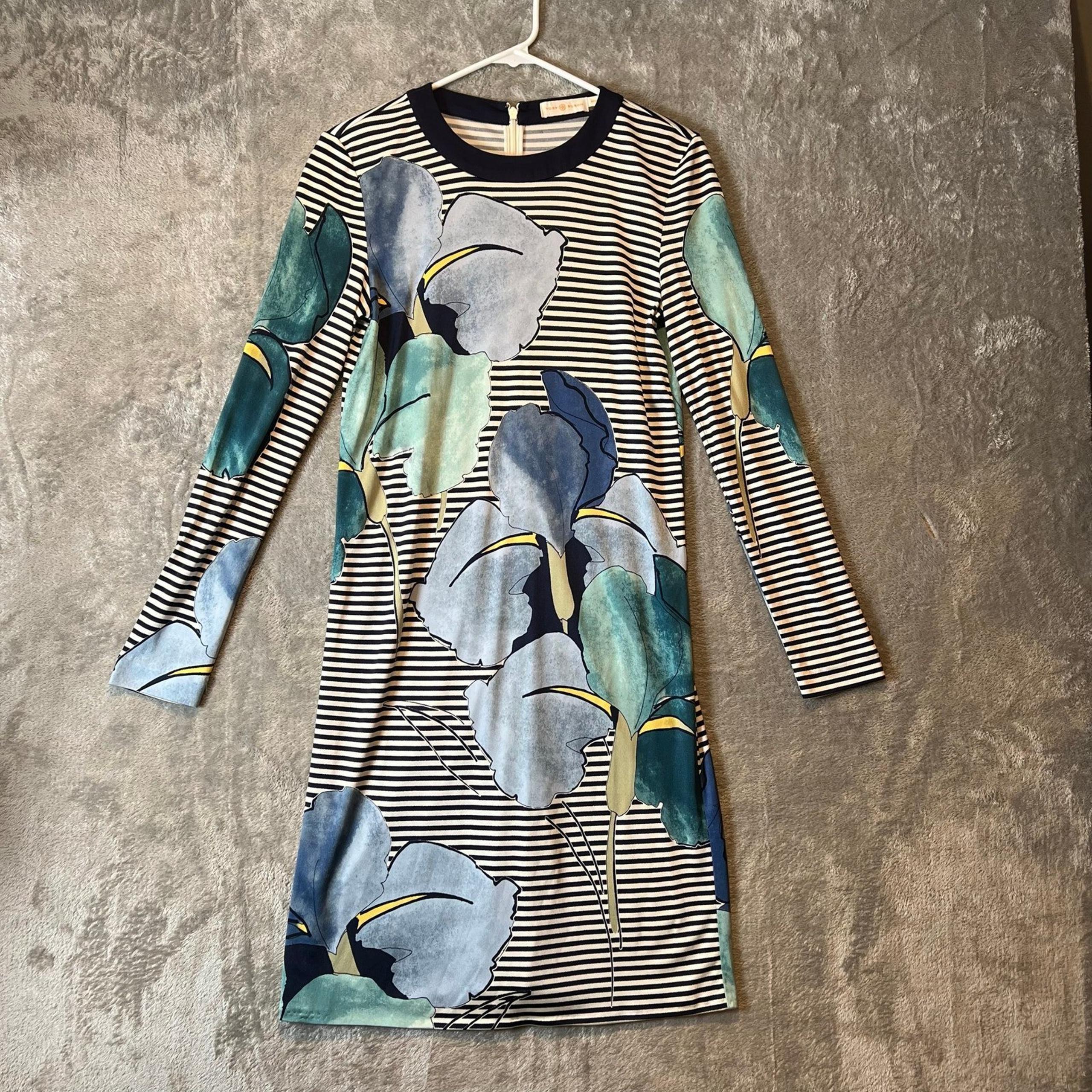 Tory Burch Women’s 100% Silk Floral Striped Dress Size Medium Navy