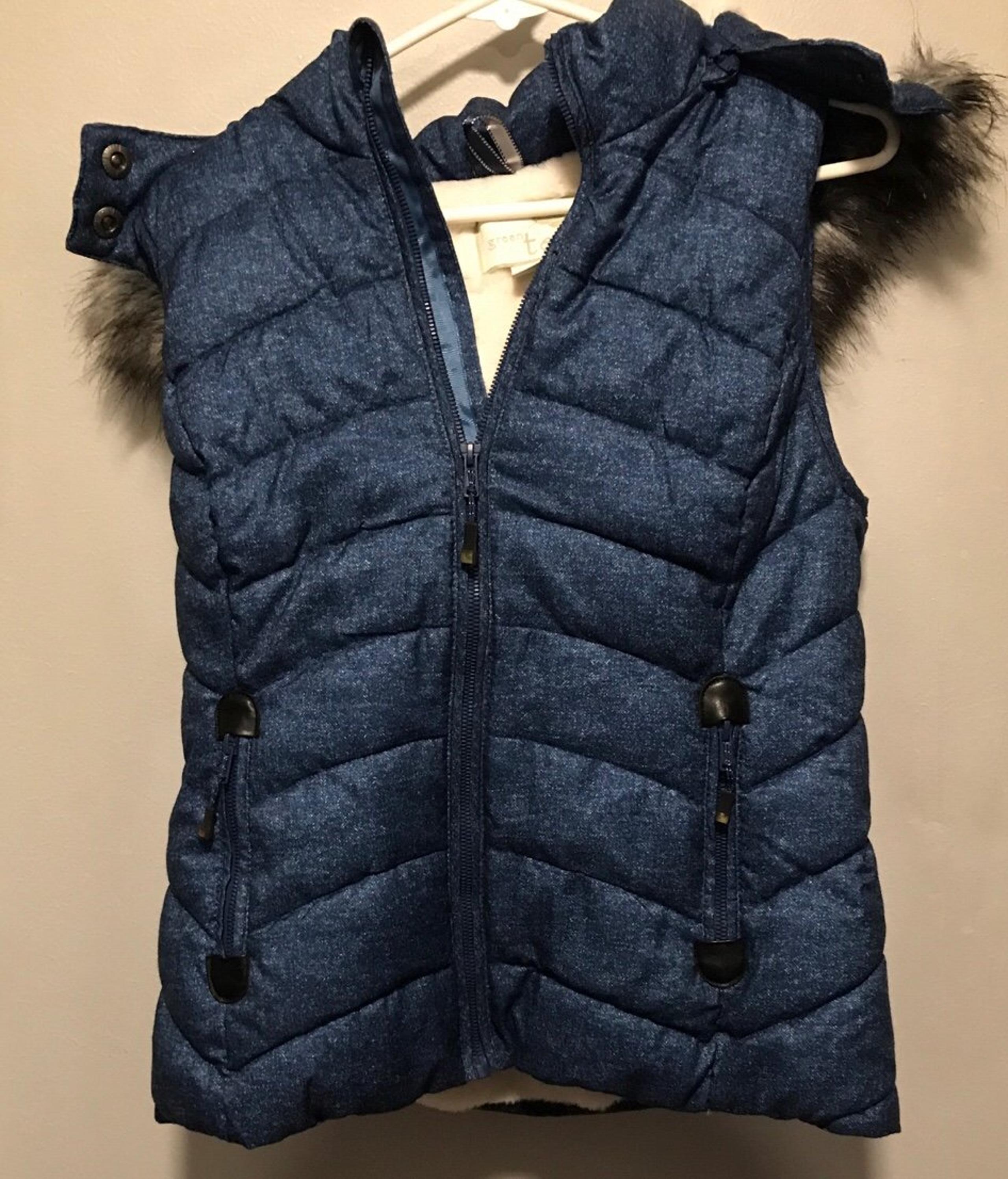 Green Tea Blue Detachable Hood Blue Faux Fur Lined Vest Size Small S