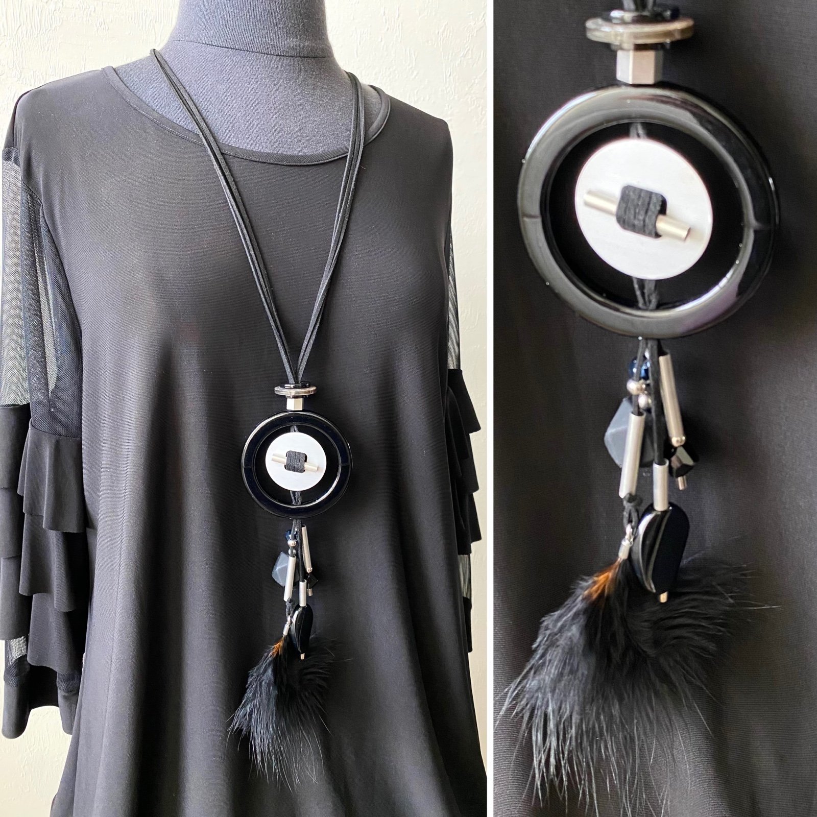Made in Italy Long Mixed Media Beaded Circle Pendant Feather Statement Necklace