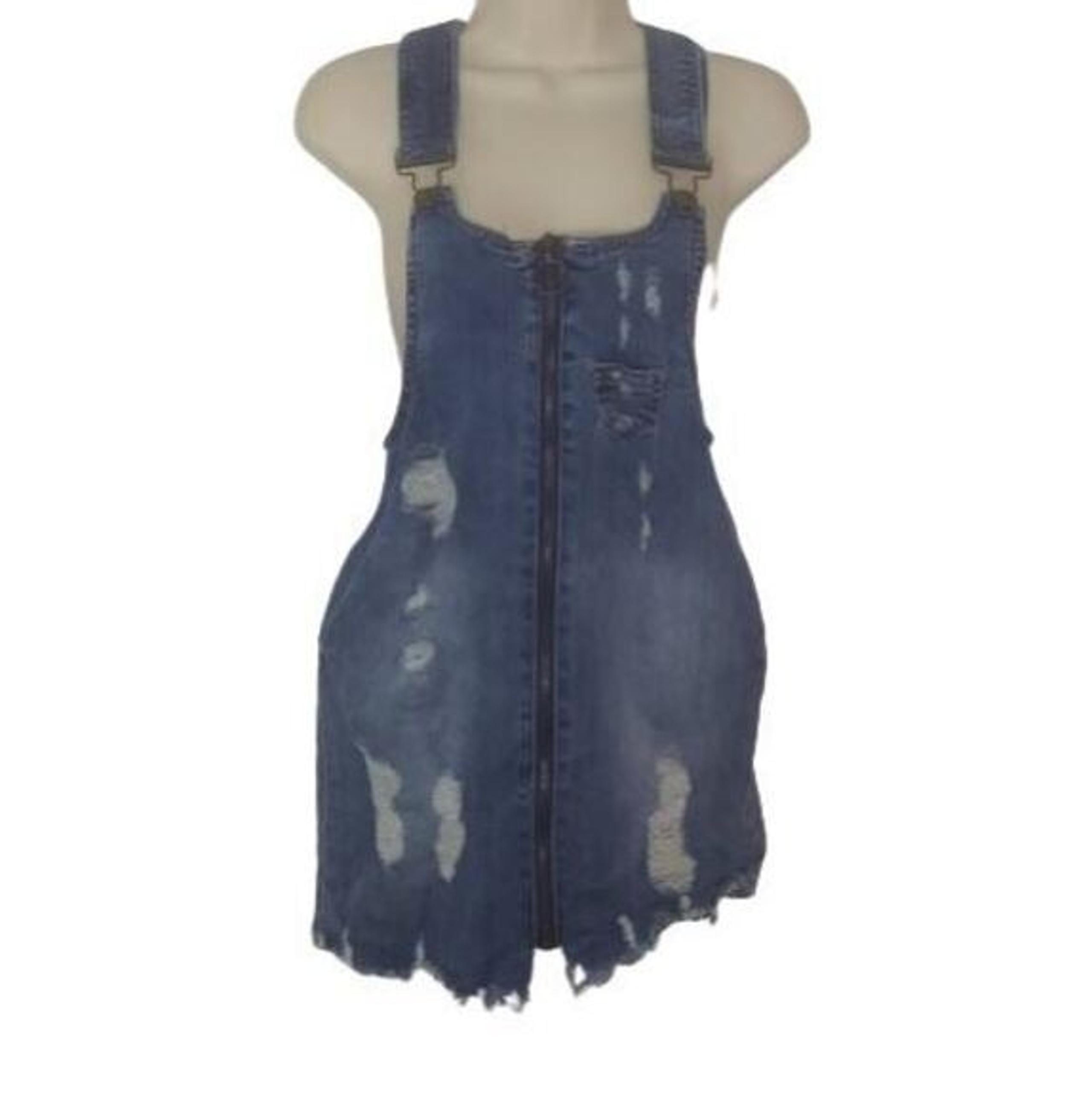 Dollhouse Distressed Zip Front Micro Mini Denim Overall Dress