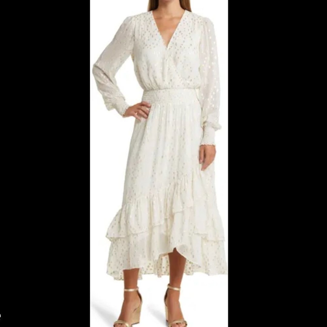 Lilly Pulitzer Cristiana Long Sleeve Midi Dress SZ 0 Coconut Metallic Clip Doby
