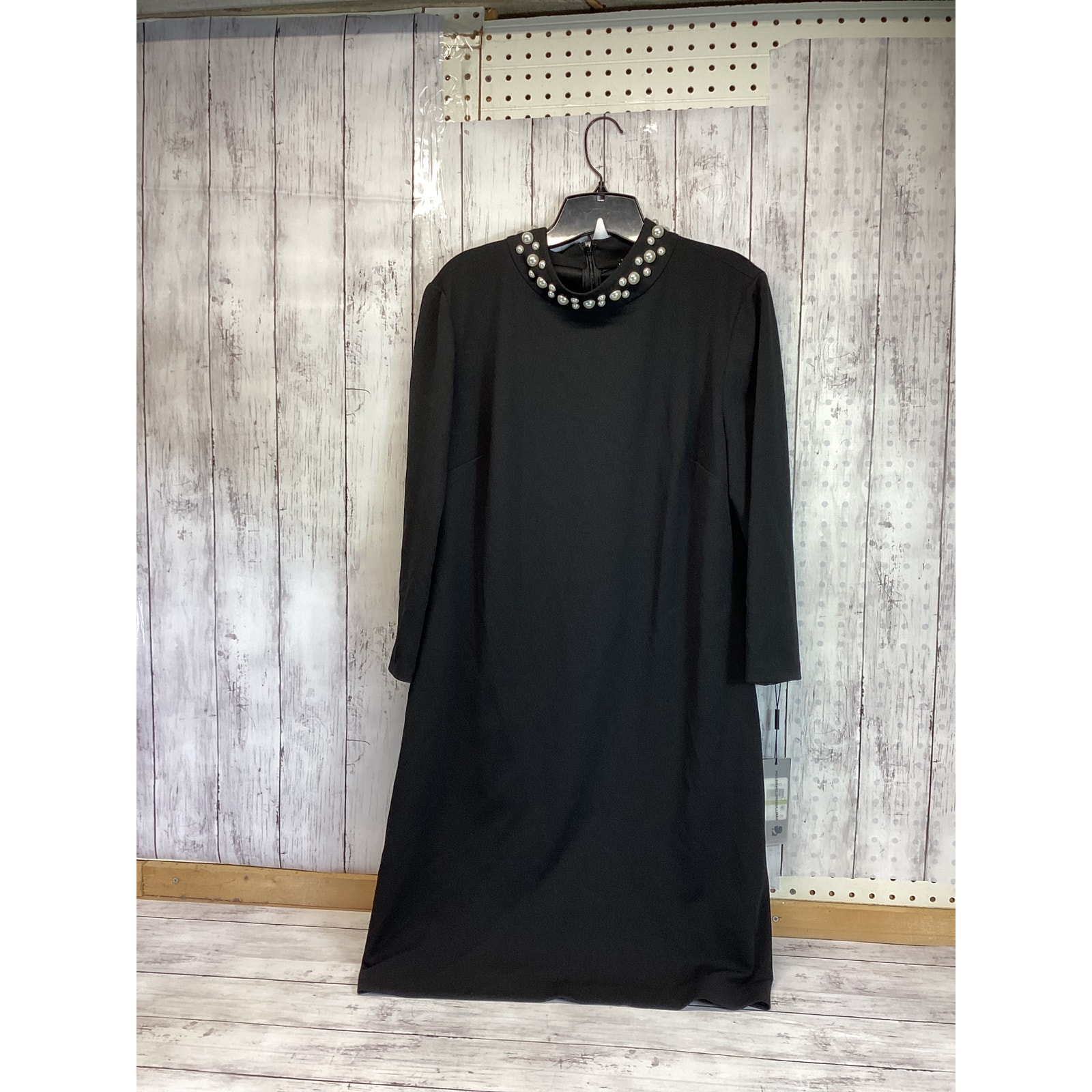 Karl Lagerfeld Women Sheath Dress Size 14 Black Faux Pearl Trim Long Sleeve