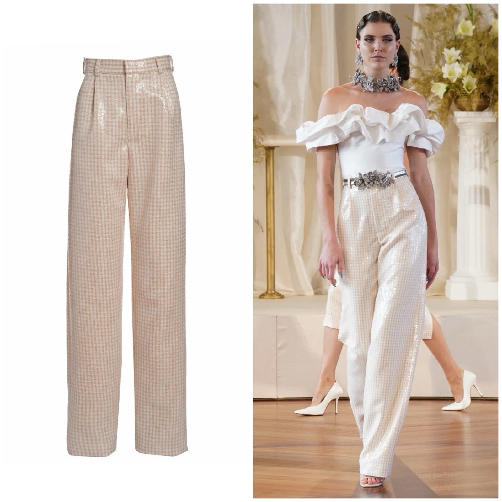 Markarian NYC Runway 1295 Lily Sequined Beige Gingham Wide-Leg Trousers Sz 10/M