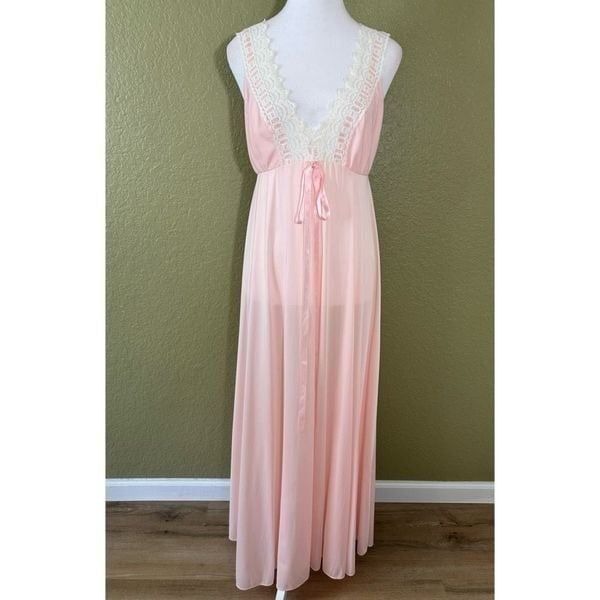 Vintage Secret Hug Women's 36 Plunge Neck Maxi Nightgown Pastel Pink Semi Sheer