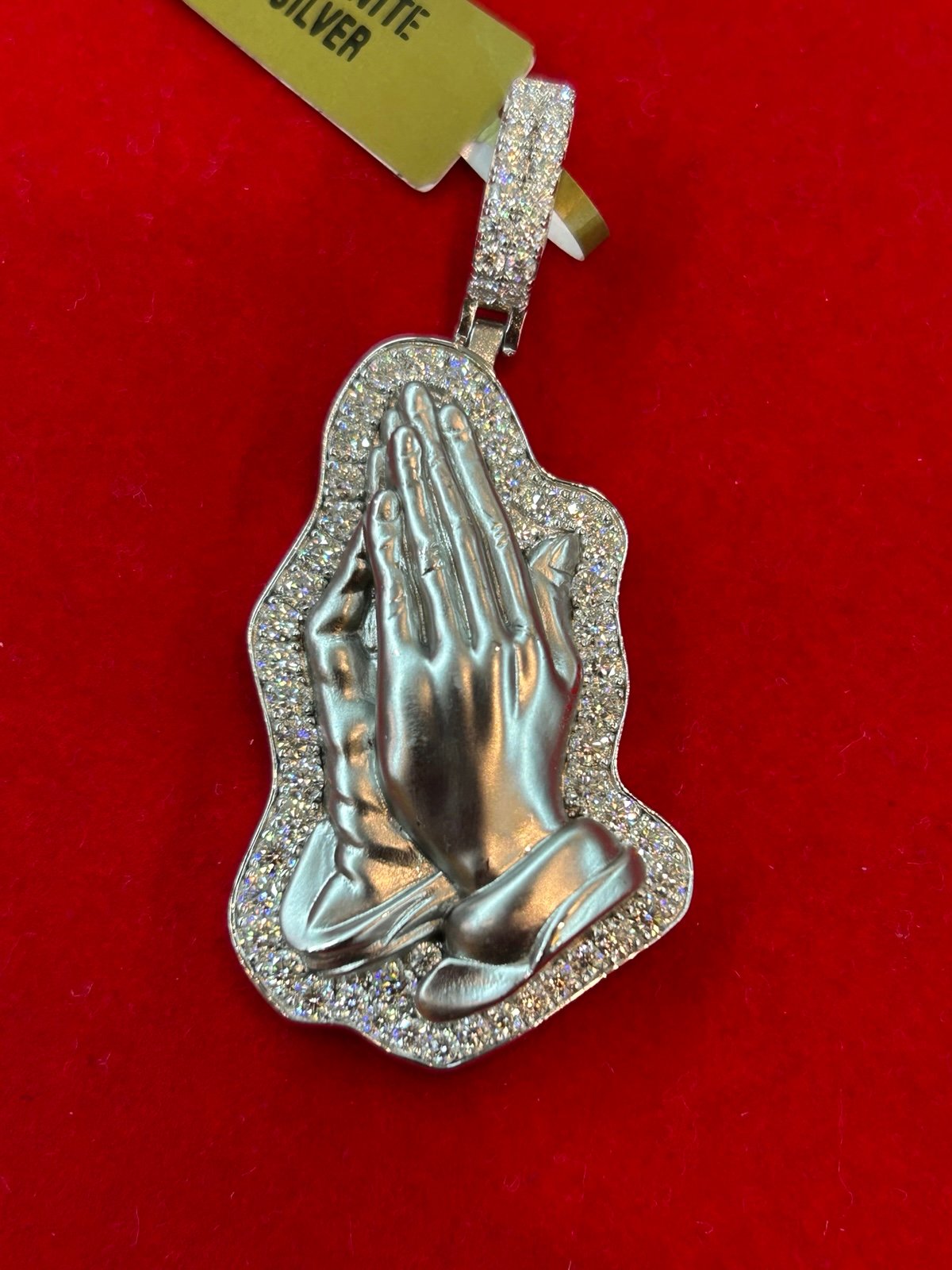 Silver Moissanite prayer hand pendant