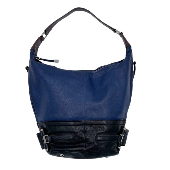 B. Makowsky Genuine Leather Blue Black Hobo Shoulder Bag Purse Silver Buckles