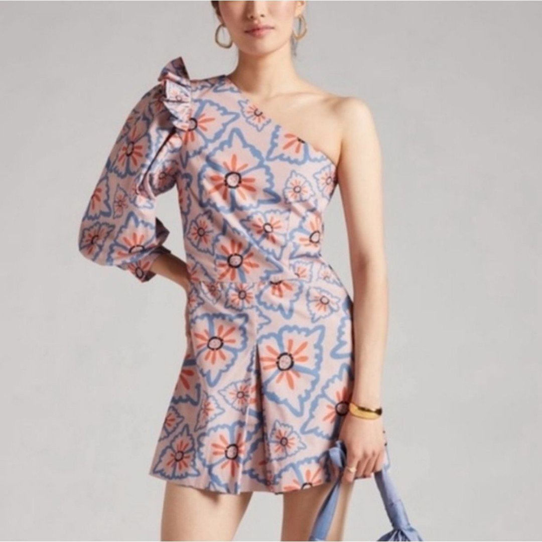 NEW Atelier 1756 One Shoulder Ruffled Balloon Sleeve Floral Romper Small 490