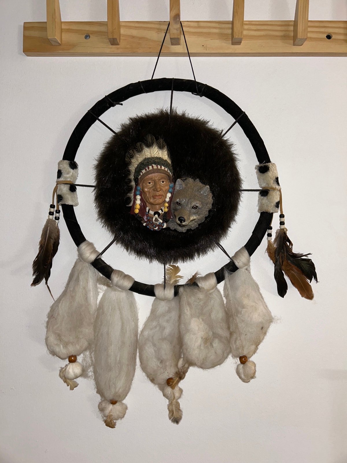 Large Dream Catcher Native American Man With Wolf wall hanging Decor Fur 14.5”