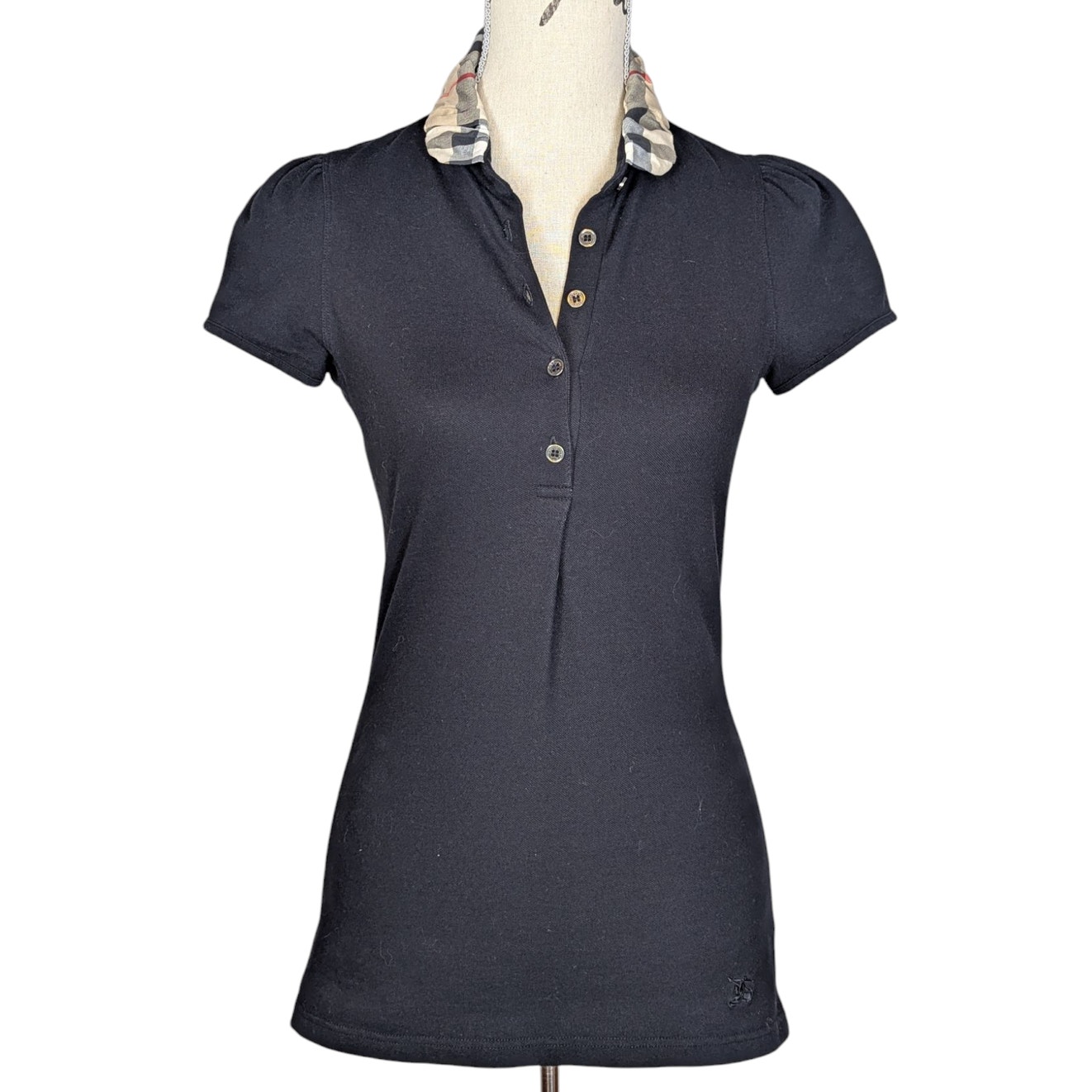 Burberry Brit Short Sleeve Polo Shirt Black with Plaid Collar Size Small