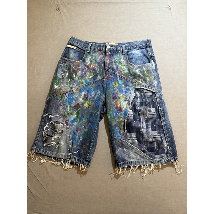 Vintage SouthPole Shorts Mens 38 Blue Graffiti Patched Baggy Jorts Rare Y2K.