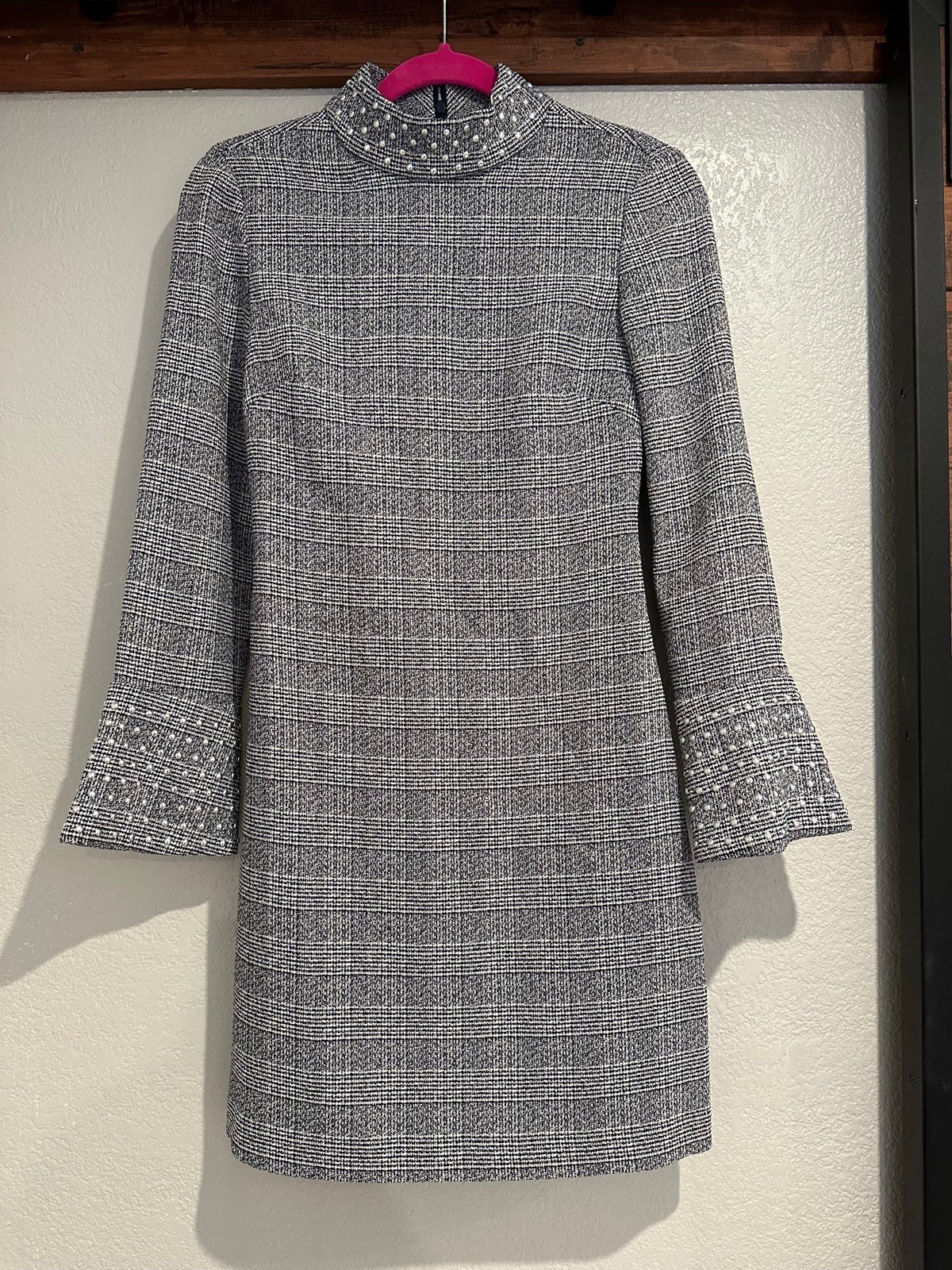 Karl Lagerfeld Paris Women's Mock Neck Bell Sleeve Sheath Plaid Dress Size 0