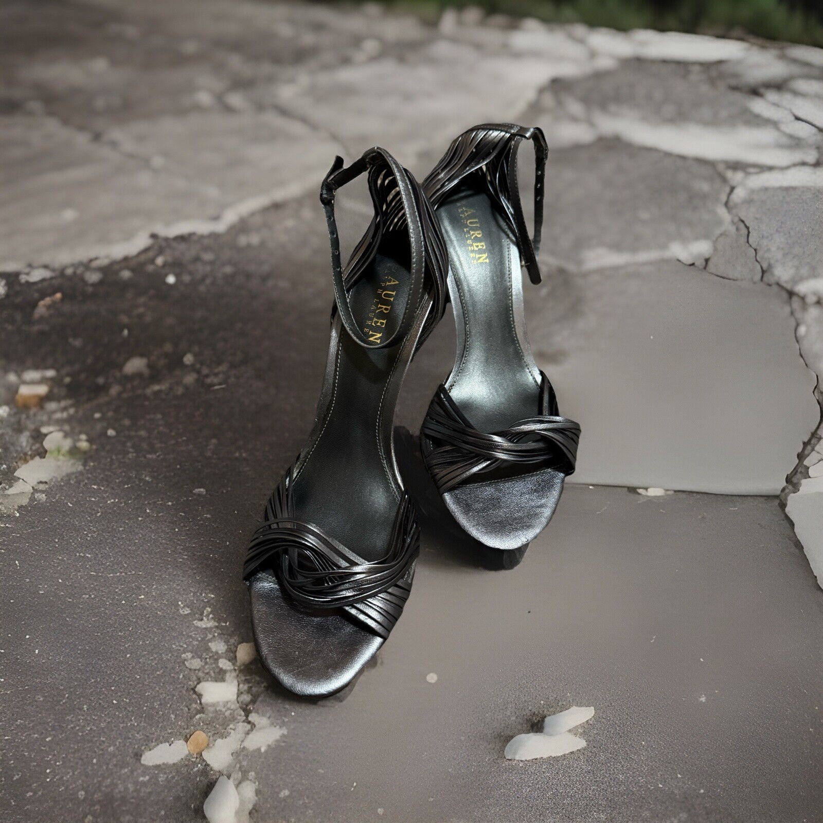 Lauren Ralph Lauren Stiletto Twisted 4 Heels Strap Leather Upper Gray Silver 8M