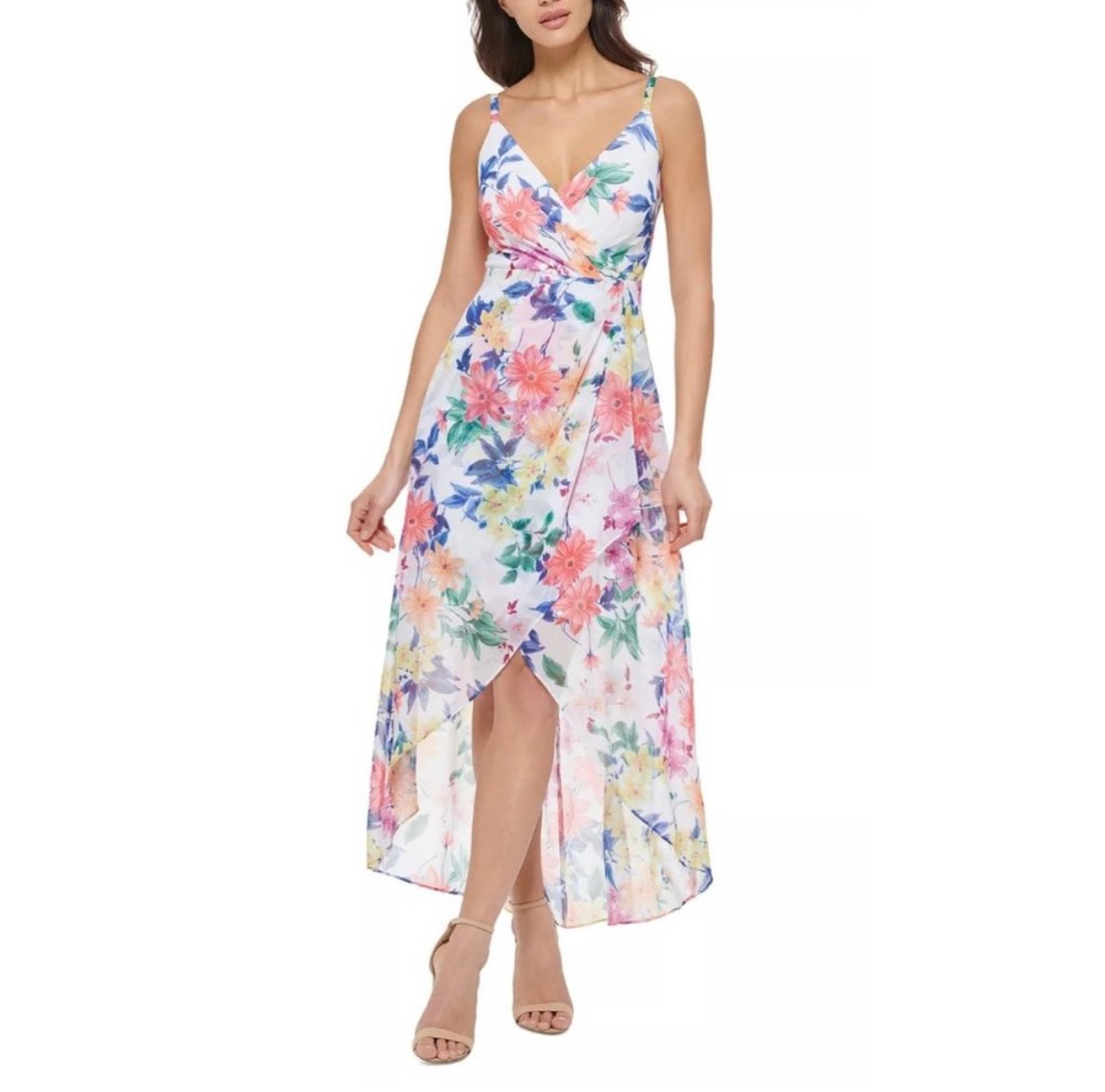 Guess Women’s Chiffon Faux Wrap Floral Dress White Size 2 Dainty Fairy Elegant
