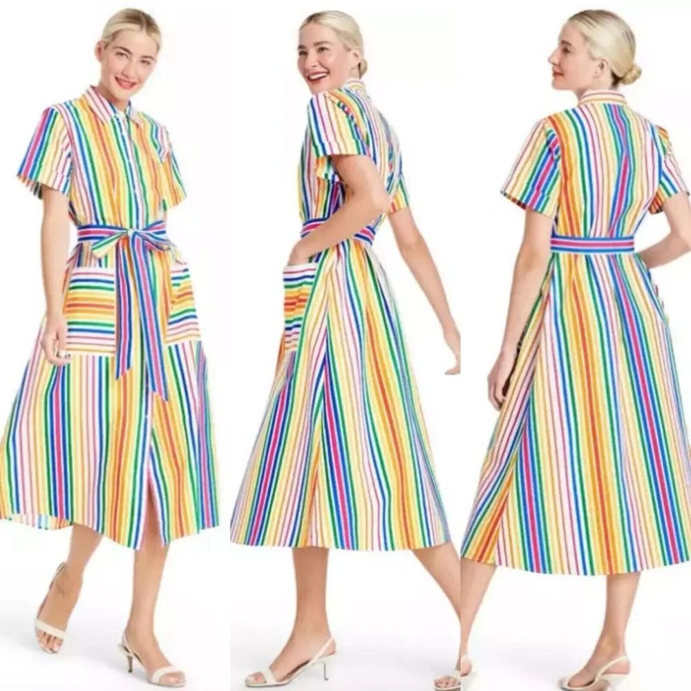 Christopher John Rogers x Target Rainbow Striped Button Up Midi Shirt Dress S